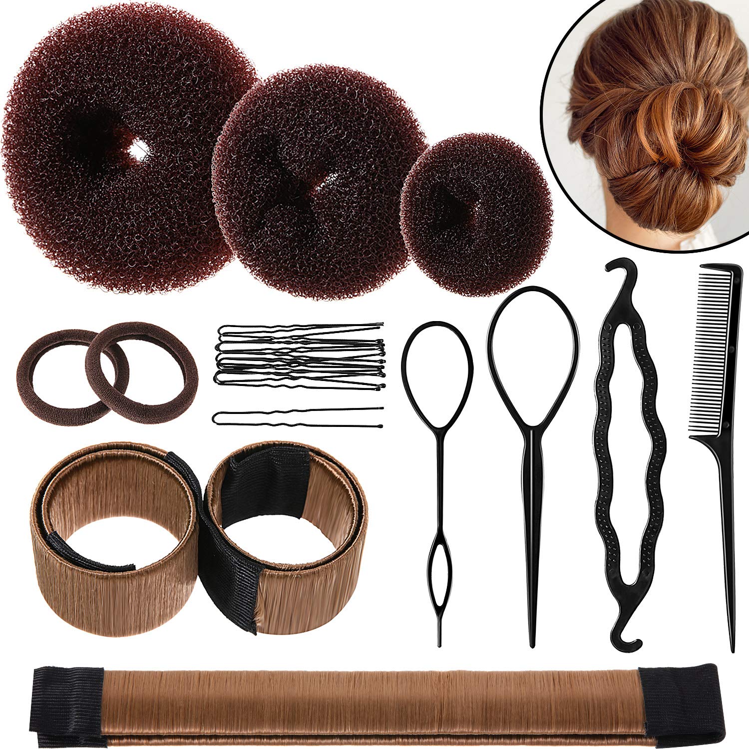 Bun Shaper Hair Donut Set with Ponytail Tools, Bobby Pins & Elastic Bands - Perfect for Women and Kids Hairstyles - Great for Parties, Weddings, School and Daily Hair Styling