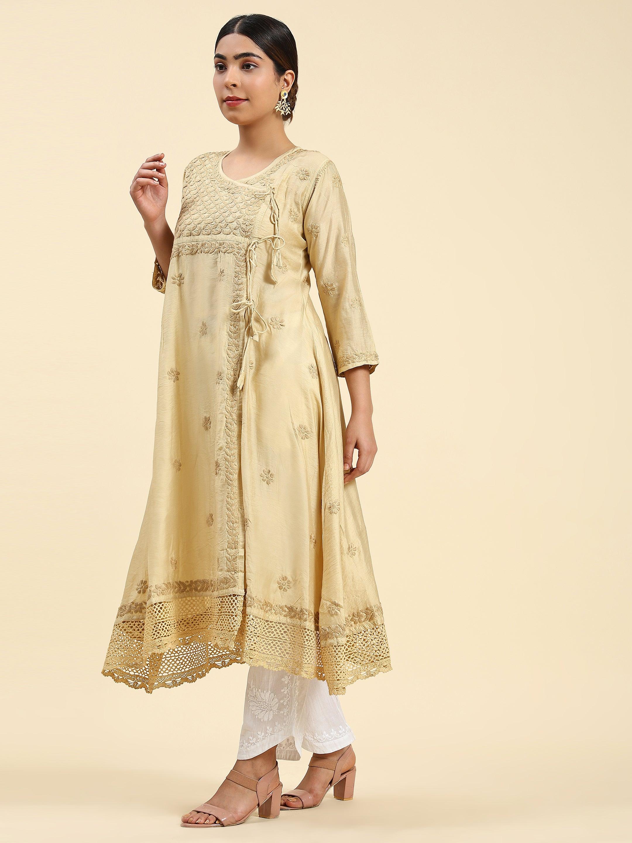 Fizaa Chikankari Angrakha Long Kurta for Women - Elegant Beige Chanderi Silk Ethnic Dress | Perfect for Festivals, Weddings & Special Occasions