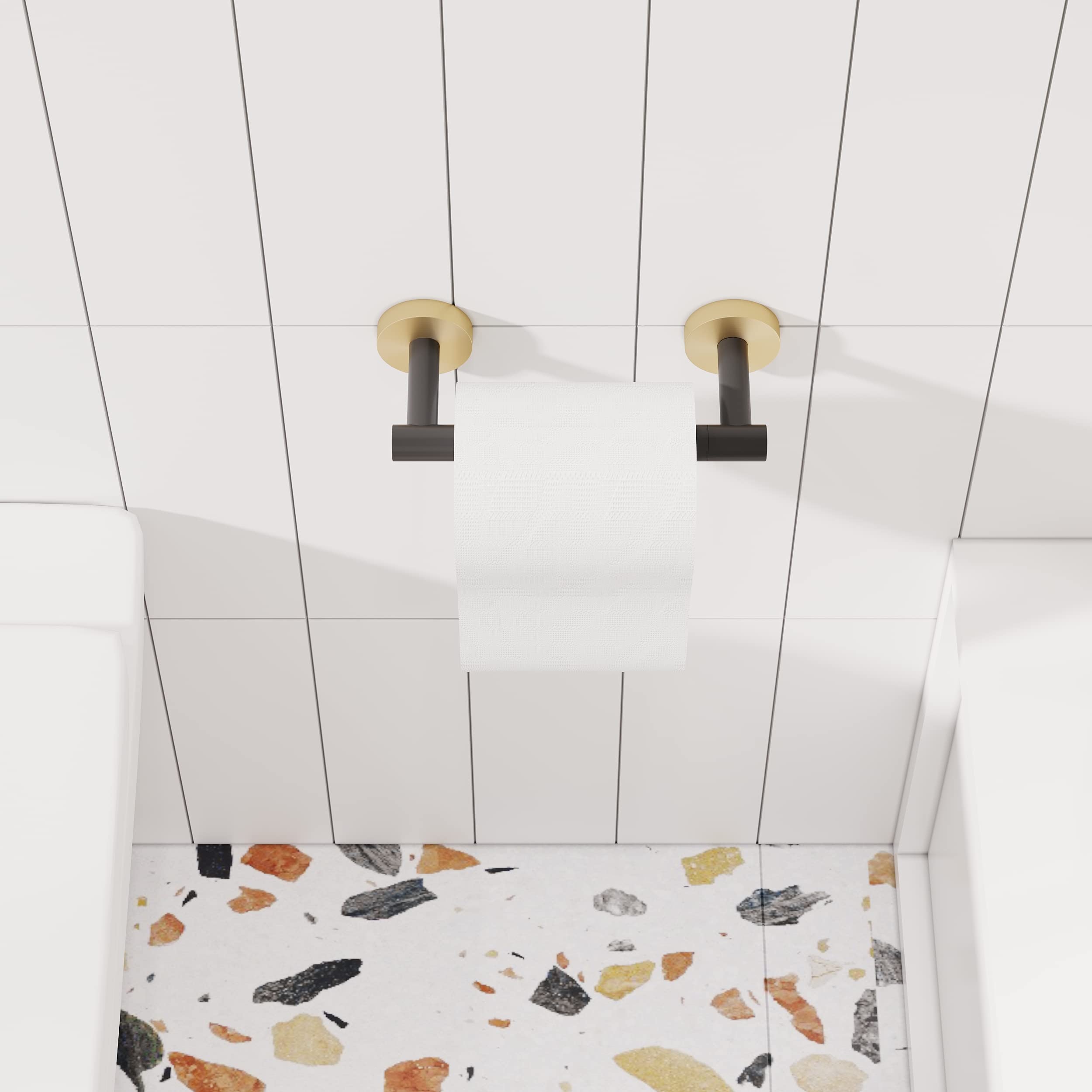 Premium SUS304 Stainless Steel Toilet Paper Holder - Black & Gold Double Post Wall Mounted Roll Holder with Pivot Design for Bathroom, RV & Commercial Use - Durable Matte Black & Brushed Brass Finish for Modern & Luxury Spaces