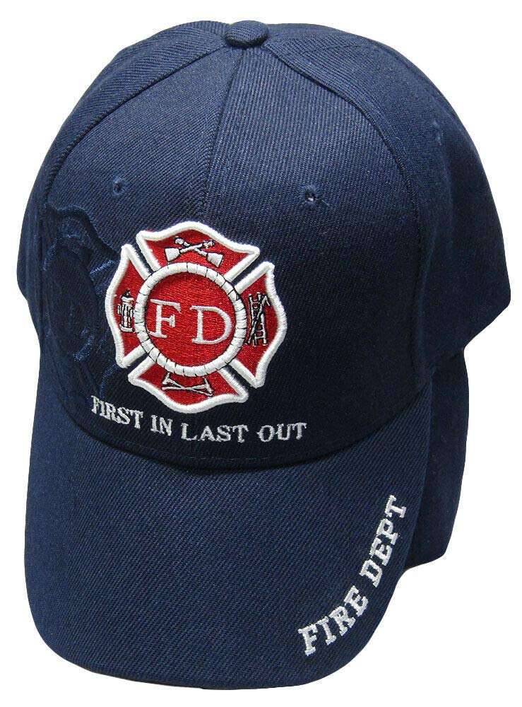 Fire Department Embroidered Cap - Navy Blue 'First In Last Out' Design - Perfect for Firefighters, EMTs, and First Responders - Great for Work, Training, and Everyday Wear