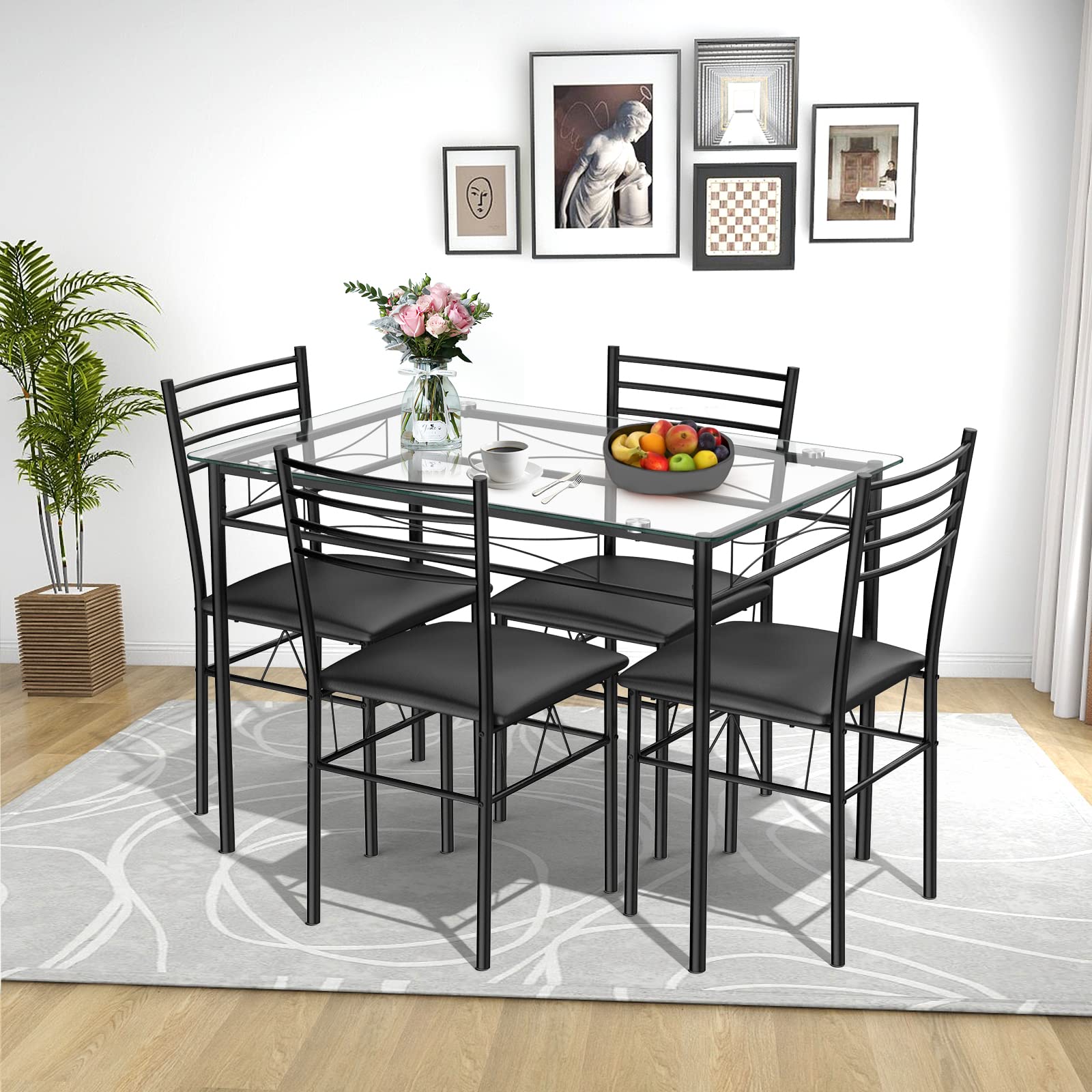 Tangkula 5-Piece Dining Table Set with Tempered Glass Top & 4 Chairs - Modern Kitchen & Dining Room Furniture in Black - Perfect for Small Spaces, Apartments & Family Meals