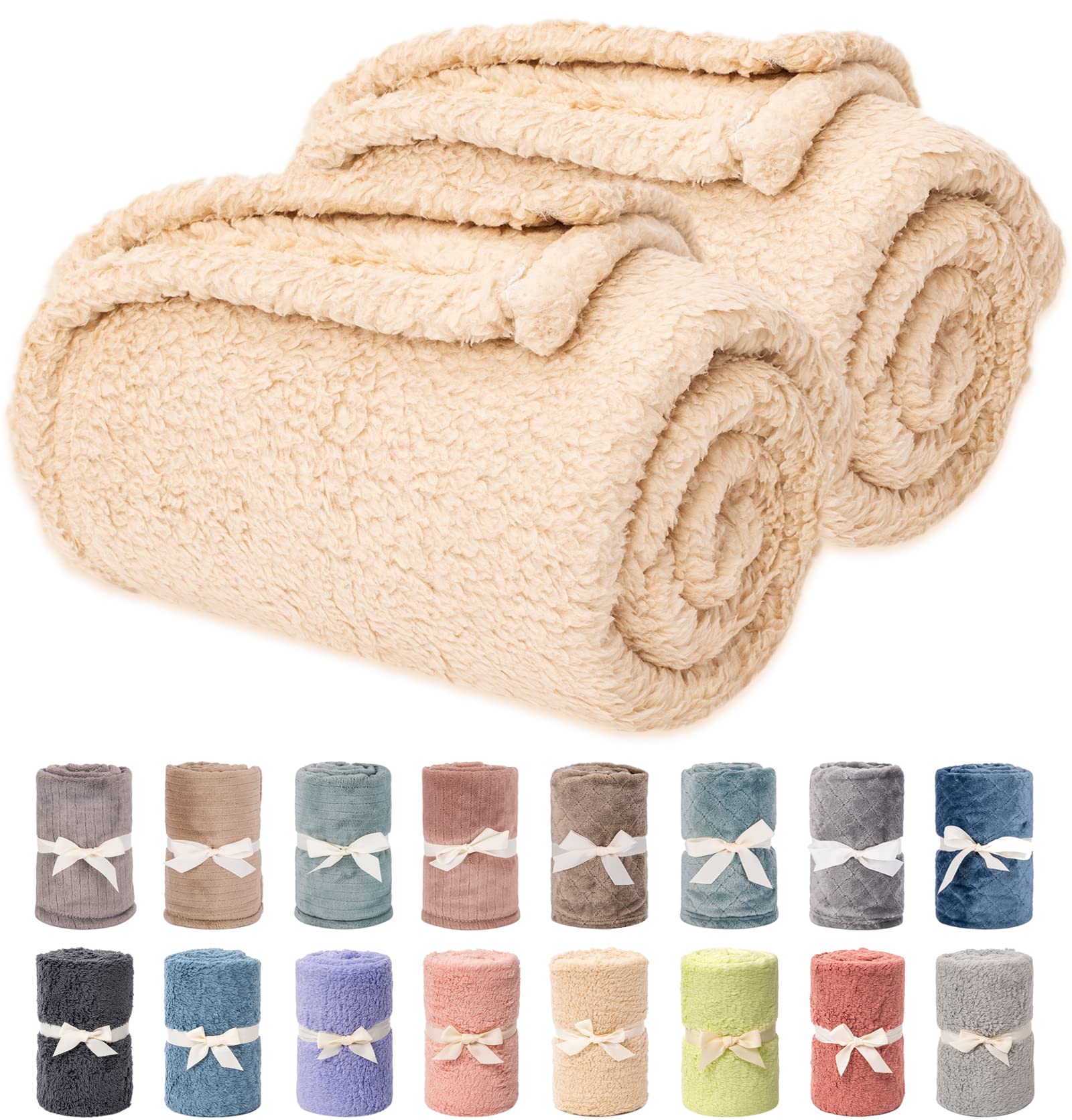 Soft Warm Fleece Pet Blanket for Dogs & Cats - Cozy Plush Fuzzy Blanket for Puppy, Kitten, Small to Large Pets - 2 Pack Beige Lamb Design (24
