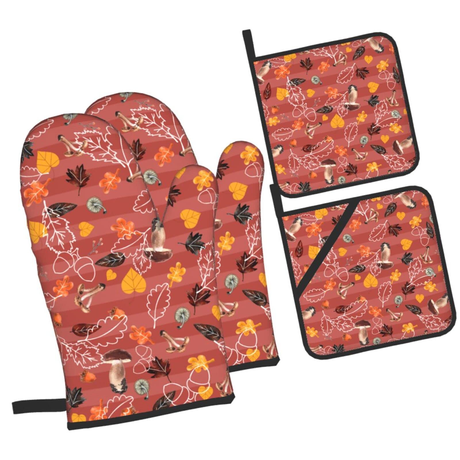 LTtie Mushroom Leaves Oven Mitts and Pot Holders Set of 4 - Heat Resistant Kitchen Gloves with Non-Slip Cotton Lining for Cooking, Baking, Grilling & BBQ - Perfect for Holiday Gifts and Home Decor