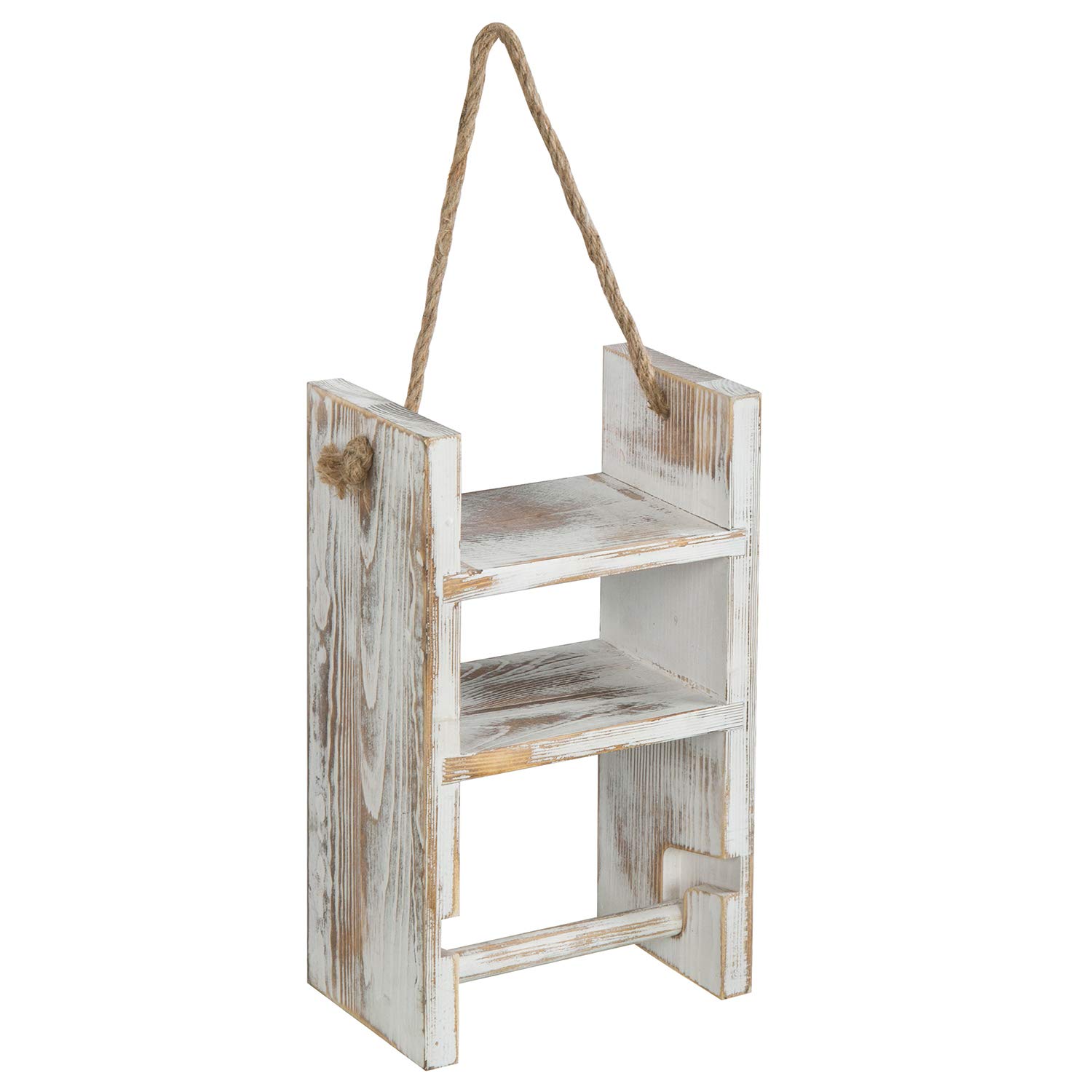 MyGift 2-Tier Hanging Whitewashed Wood Ladder Shelf - Rustic Rope Toilet Paper Holder - Bathroom & Farmhouse Decor for Storage & Organization - Perfect for Small Spaces, Vanity, and Towel Display