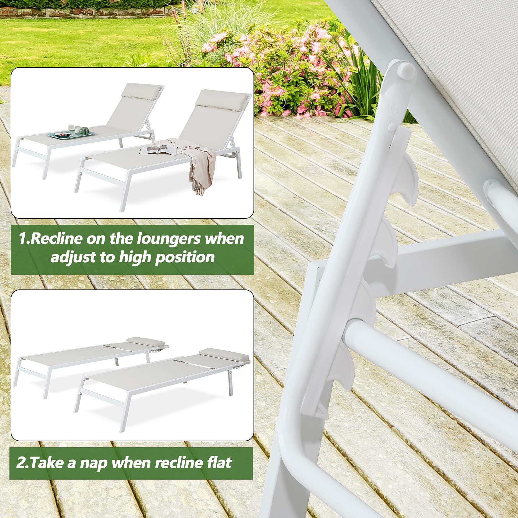 Ulax Adjustable Outdoor Chaise Lounge Chair - Patio Reclining Sun Lounger with Removable Headrest, Weather-Resistant Beige - Perfect for Poolside, Beach, Backyard Relaxation & Sunbathing