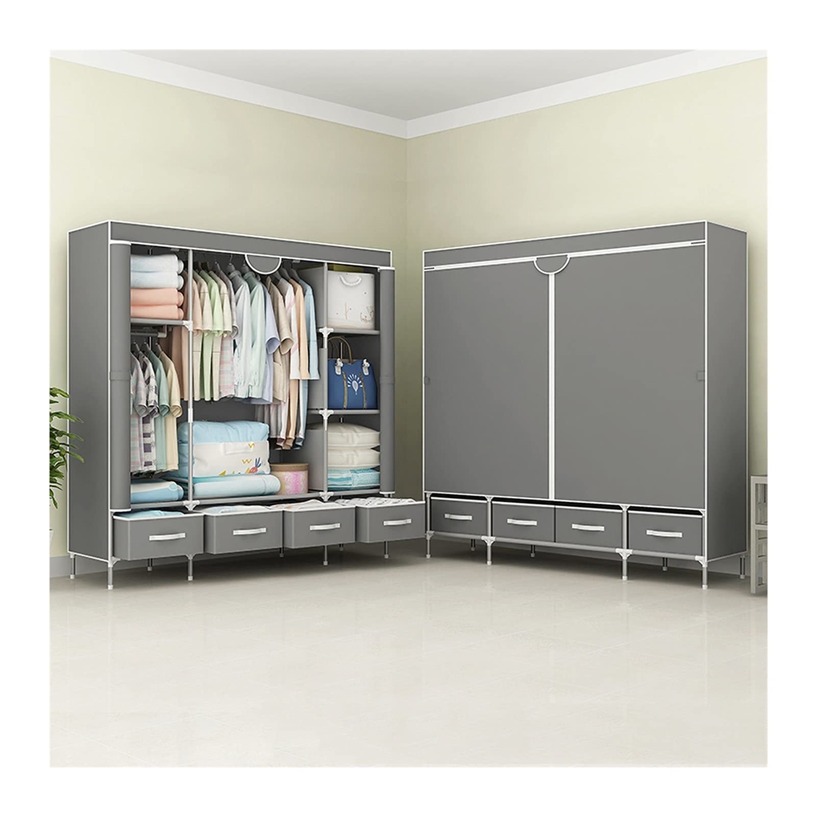 Large Portable Wardrobe Closet 59 Inches - Heavy Duty Clothes Storage Organizer with Non-Woven Fabric Cover & Closet Rods - Easy to Assemble for Bedroom, Dorm, Apartment, Travel & Temporary Storage