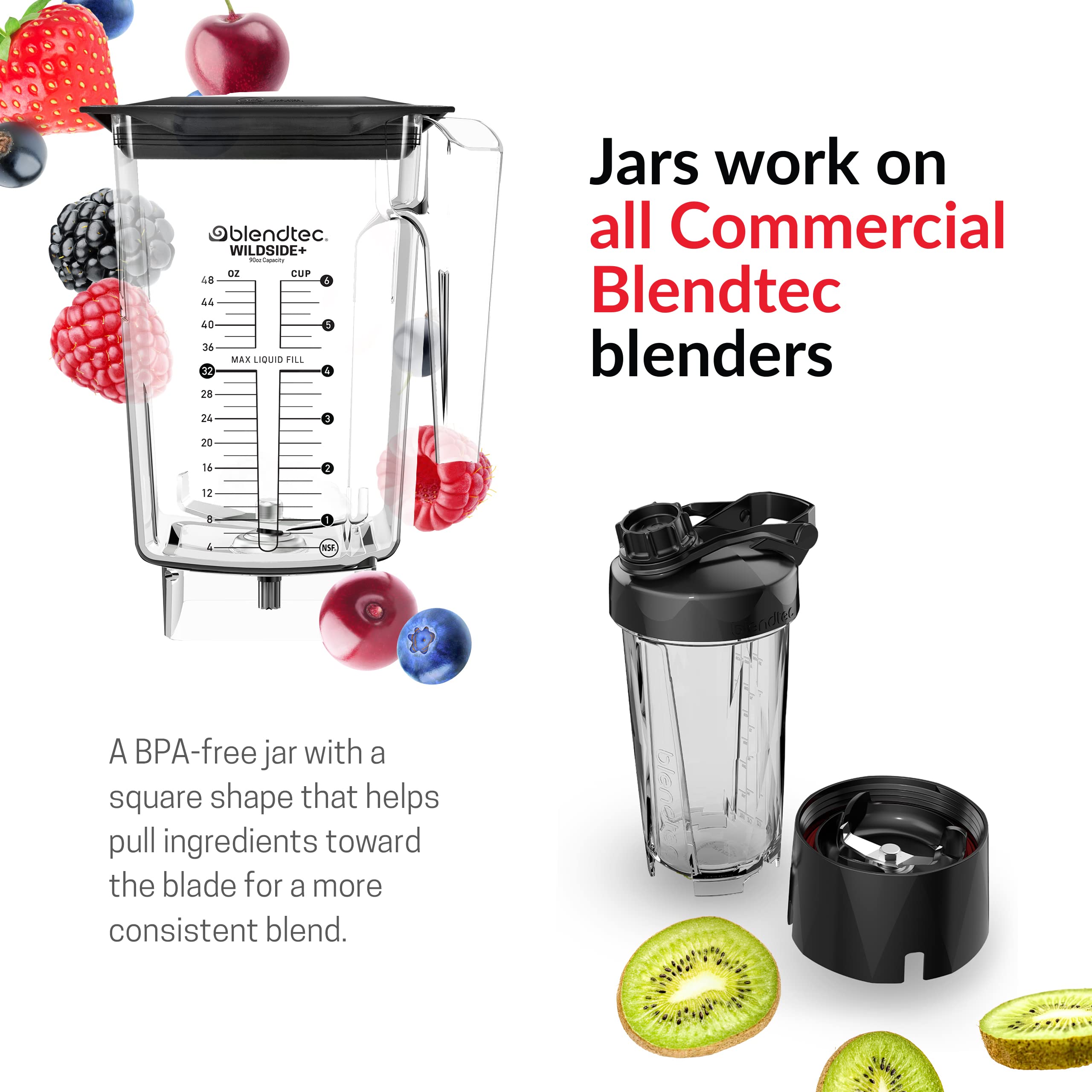 Blendtec 90 oz WildSide Commercial Grade Blender Jar - 5-Sided Design Replacement Pitcher for Blendtec Blenders - 36 oz Blending Capacity - Clear BPA-Free Container - Perfect for Smoothies, Soups & Nut Butters