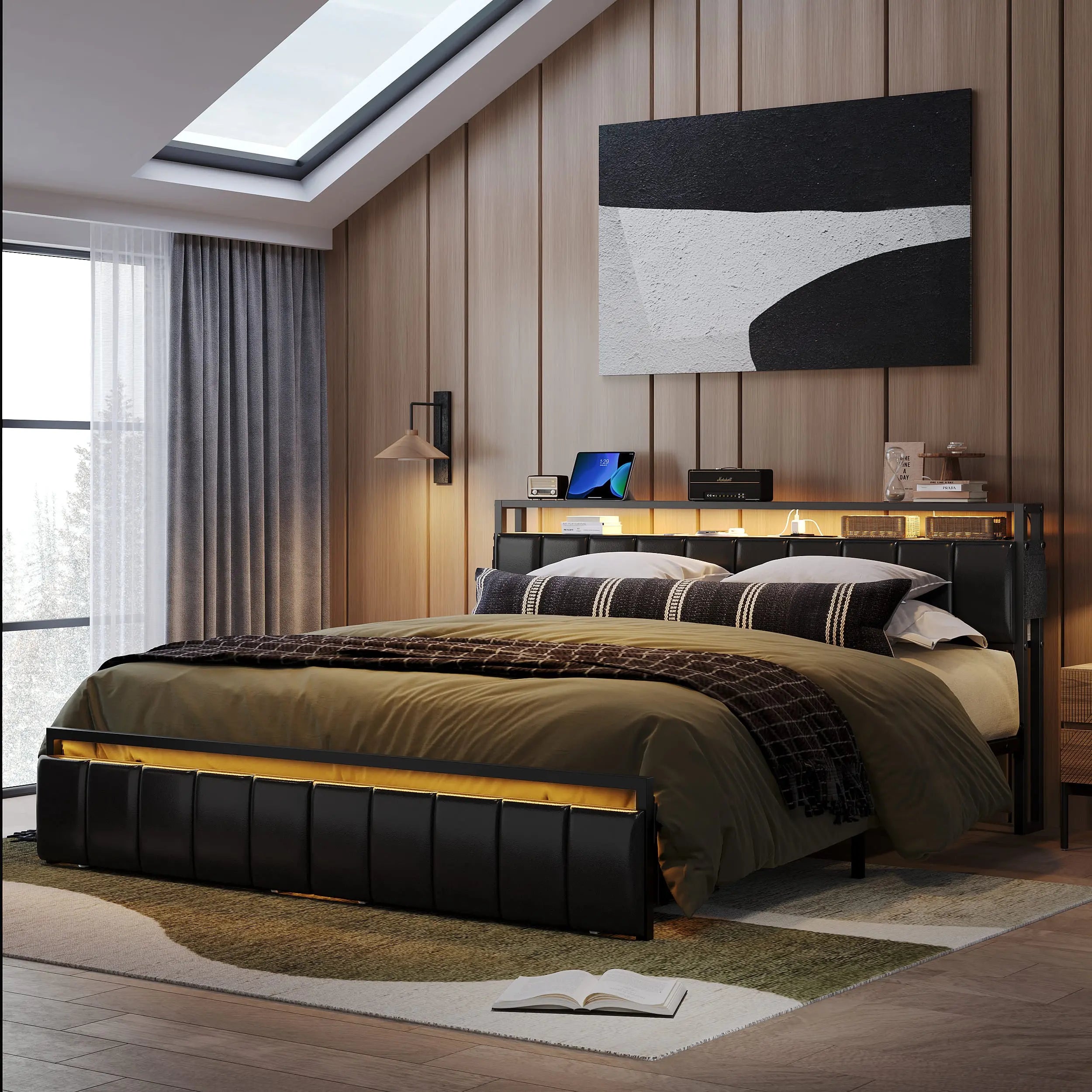 Bestier Black PU Leather King Size Bed Frame with Hidden Storage Headboard - Modern Platform Bed with Upholstered Headboard for Master Bedroom, Guest Room & Apartment