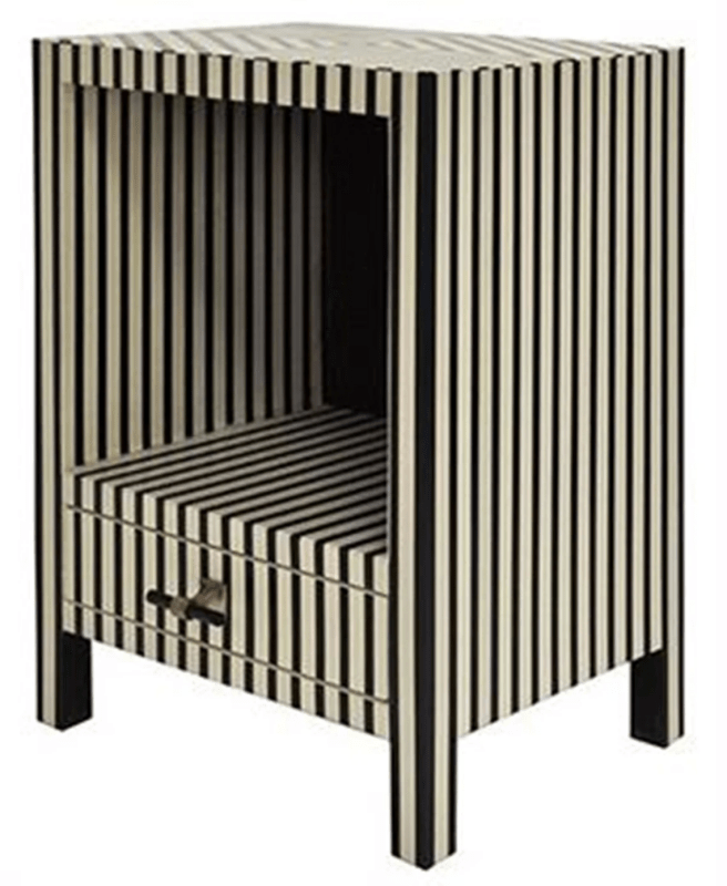 Handmade Bone Inlay Wooden Nightstand with Striped Pattern - Single Drawer Bedside Table Furniture for Bedroom, Living Room & Guest Room Decor