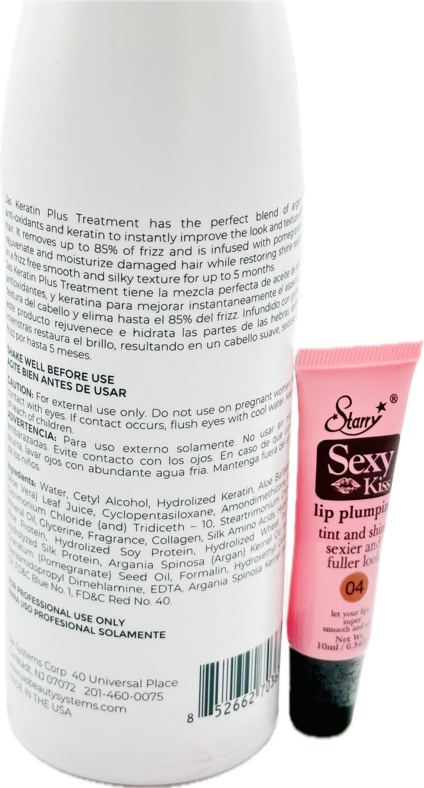 JAS Plus Keratin 3 Smoothing Treatment with Argan Oil - 16 fl oz/480 ml for Frizzy & Damaged Hair - Includes Free Starry Lip Plumping Gloss 10ml | Salon-Quality Hair Repair for Smooth, Shiny Locks at Home or Professional Use