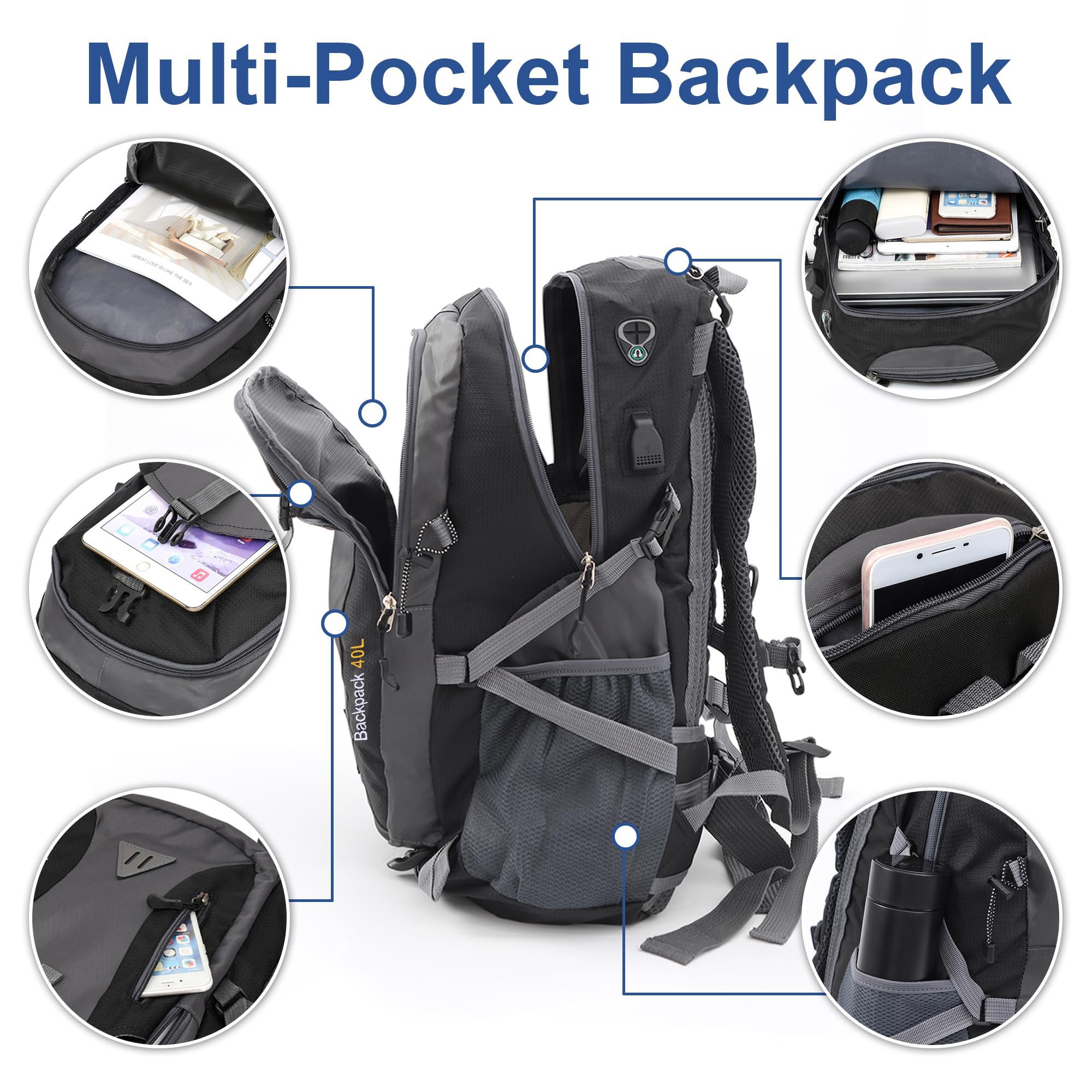Lightweight 40L Hiking Backpack for Men & Women - Waterproof Travel Backpack for Outdoor Sports, Camping, Trekking & Mountaineering - Durable Daypack for Adventure Travel (Black) | Perfect for Hiking Trips, Weekend Getaways & Outdoor Exploration