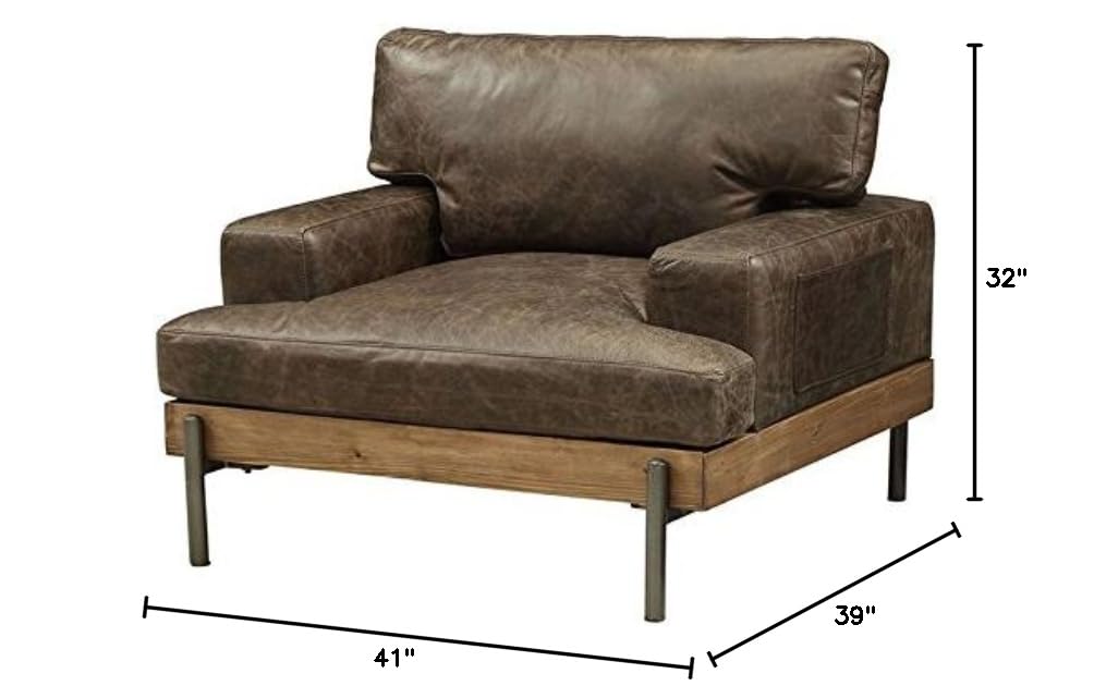 Acme Silchester Genuine Leather Accent Chair - Distressed Chocolate Brown with Oak Wood Frame | Perfect for Living Room, Office or Reading Nook