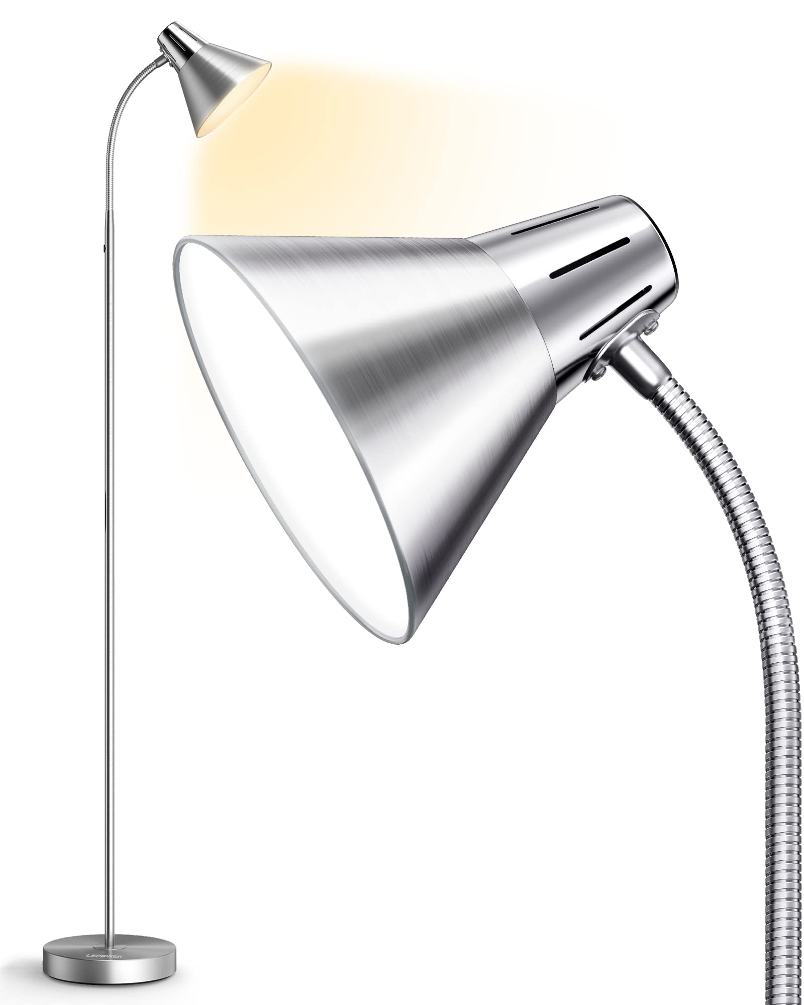LEPOWER LED Floor Lamp - Adjustable Brightness & Color Standing Light with Dimmable Gooseneck Design for Reading, Living Room, Bedroom & Office - Silver (Perfect for Night Reading, Home Decor & Workspace Lighting)