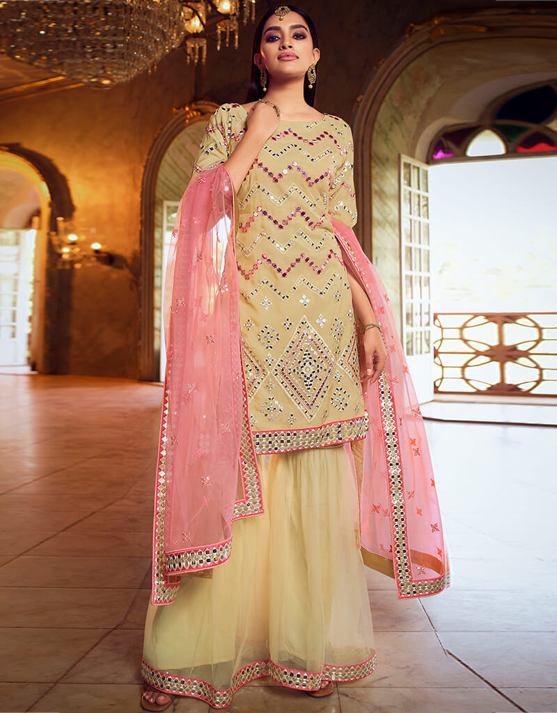 Elegant Beige Organza Sharara Suit for Women - Perfect for Weddings, Parties & Festive Occasions