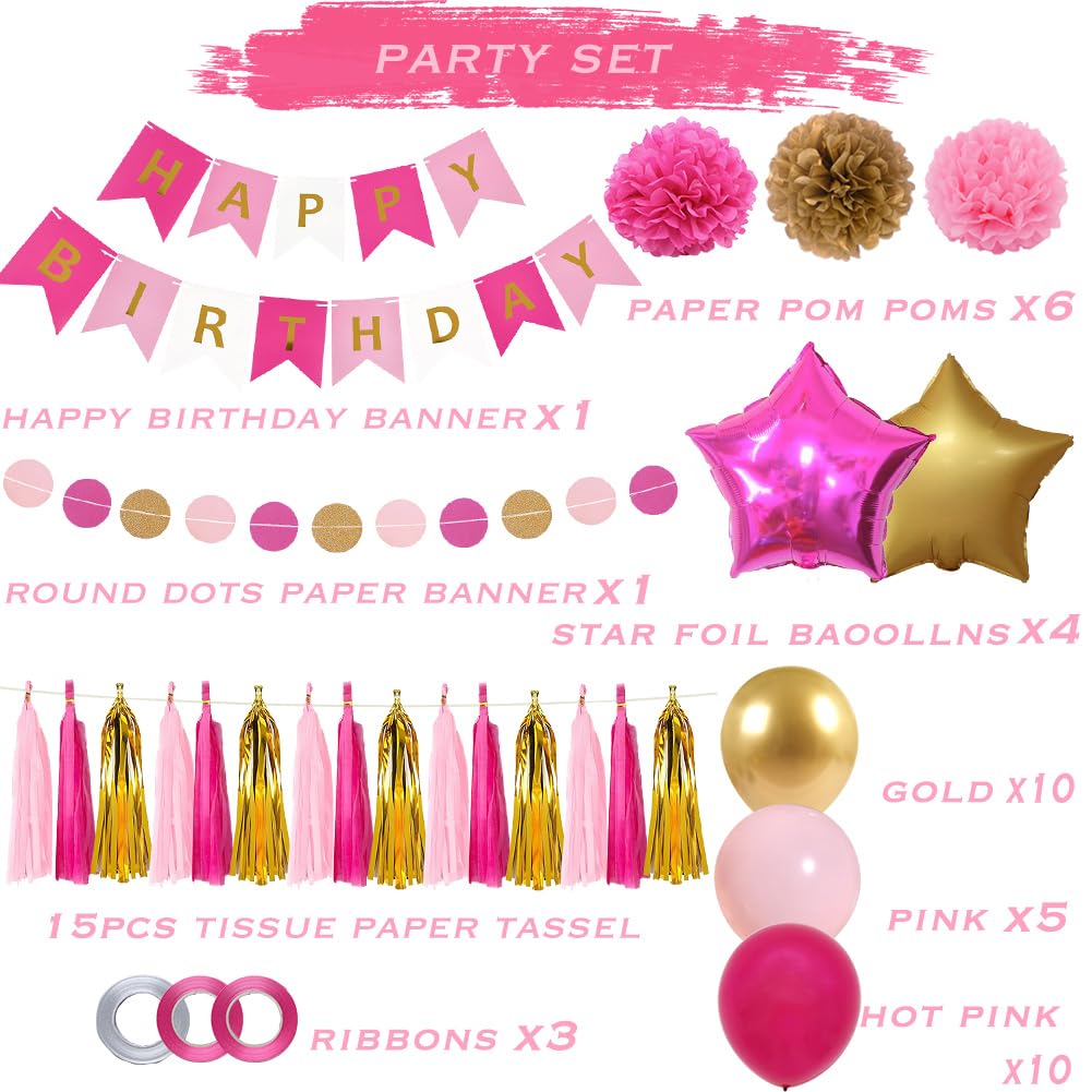 Hot Pink & Gold Birthday Party Decorations Set - Happy Birthday Banner, Tissue Pom Poms, Tassel Garland, Rose Red Balloons & Star Balloons for Women & Girls Birthday Supplies - Perfect for Baby Showers, Bridal Showers & Birthday Celebrations