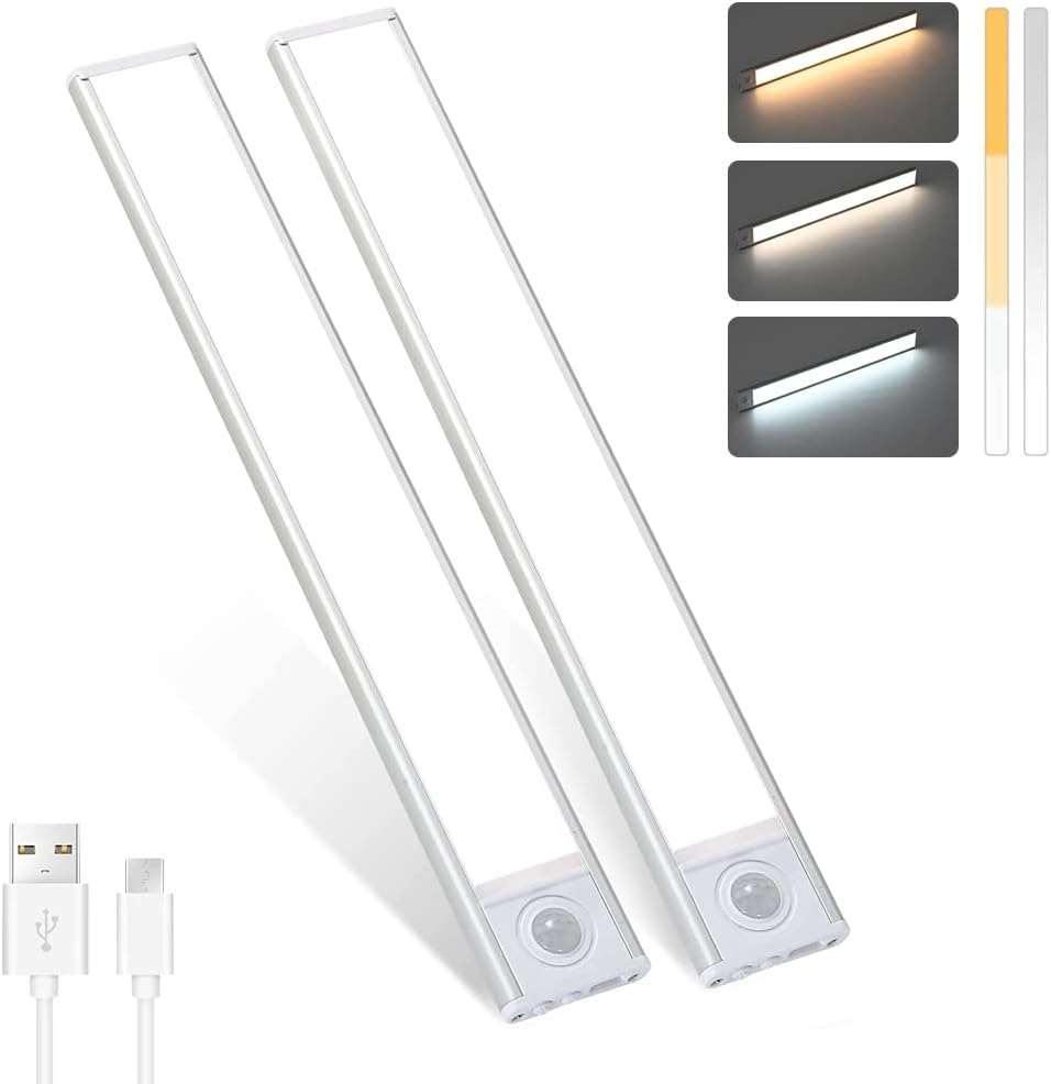 2 Pack Wireless USB Rechargeable PIR Motion Sensor LED Cabinet Light - Under Counter Closet Lighting, 2700K-6500K Adjustable Color Temperature for Kitchen, Wardrobe, Hallway - Perfect for Dark Spaces & Nighttime Use