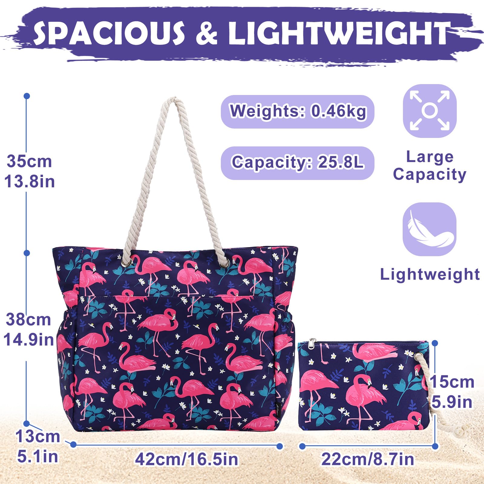 Kasqo Large Waterproof Beach Tote Bag for Women with Zipper & Small Pouch - Perfect for Swimming, Pool, Grocery Shopping, Travel & Vacation Essentials