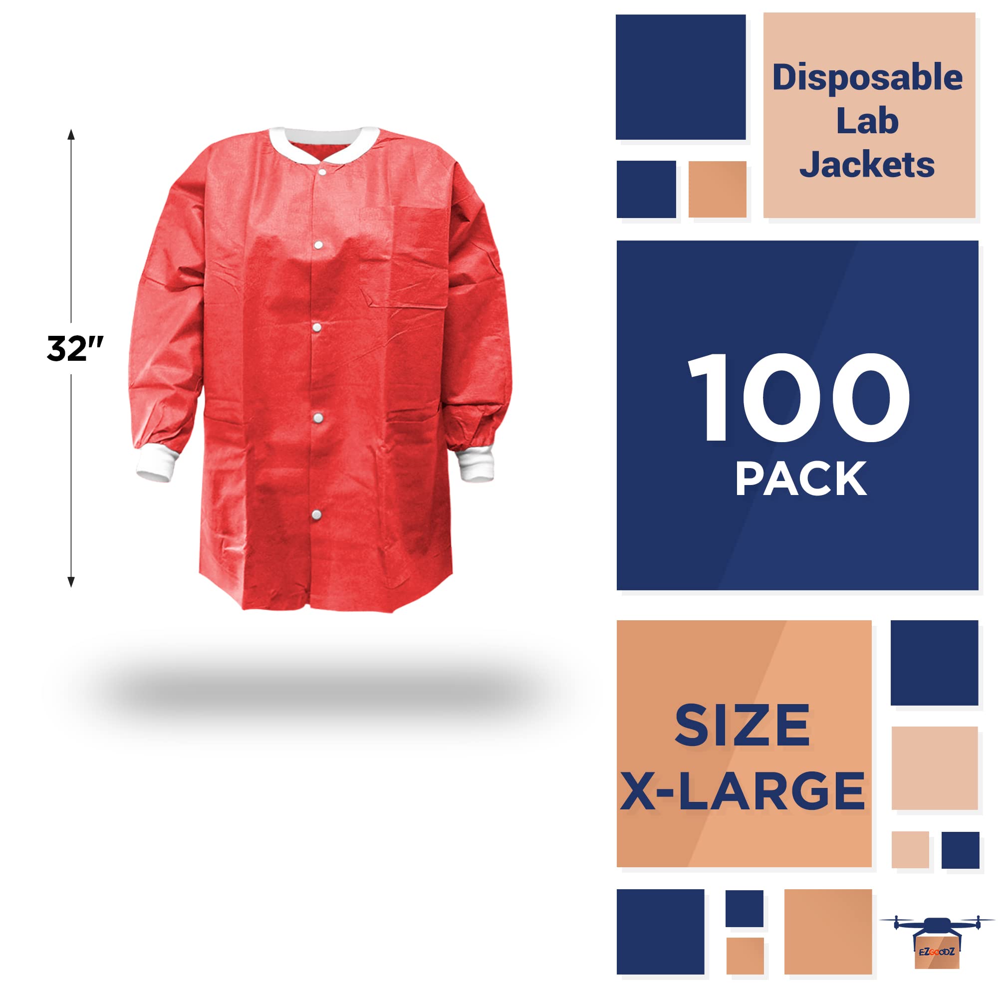 Disposable Lab Jackets - 32 Inch Long Red Workwear (Pack of 100) | X-Large Unisex PPE Coat with Snap Front, Knit Cuffs & 3 Pockets | 50 GSM SMS Material | Ideal for Medical Labs, Cleanrooms & Industrial Work Protection