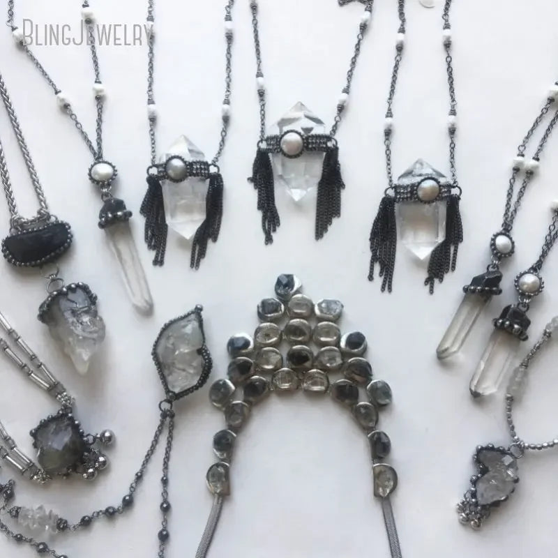 10pcs Raw Black Tourmaline Herkimer Quartz Crystal Necklace - Natural Schorl Gemstone Jewelry for Women, Goth Witch Wicca Boho Style, Perfect for Spiritual Healing, Meditation & Fashion Accessories