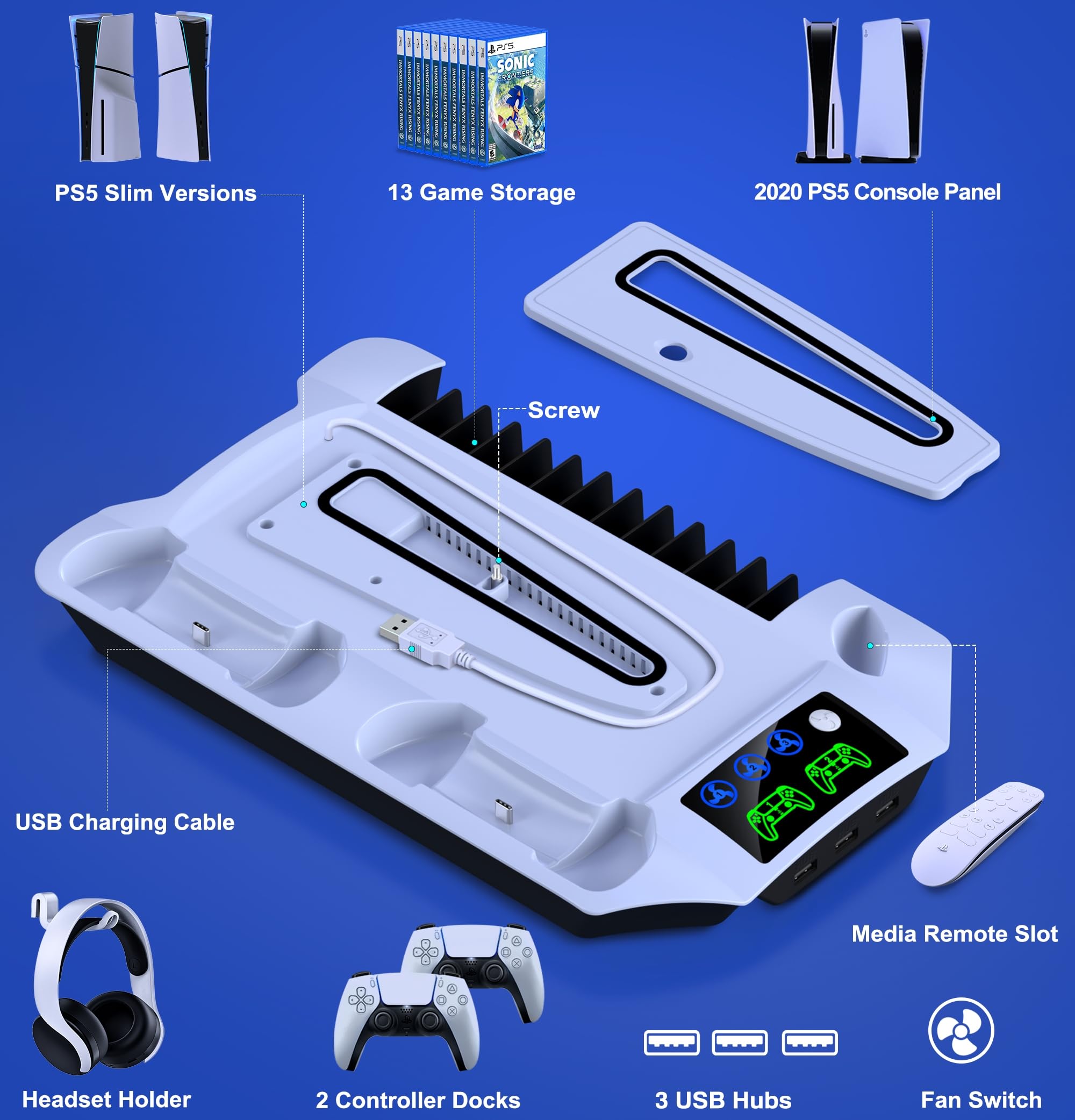 PS5 Slim Stand with Turbo Cooling Station & Controller Charger - 3-Level Cooling Fan, 13-Game Organizer & Headset Holder for Playstation 5/PS5 Pro (Digital & Disc Edition) - Perfect for Gaming Marathons & Organized Gaming Setup