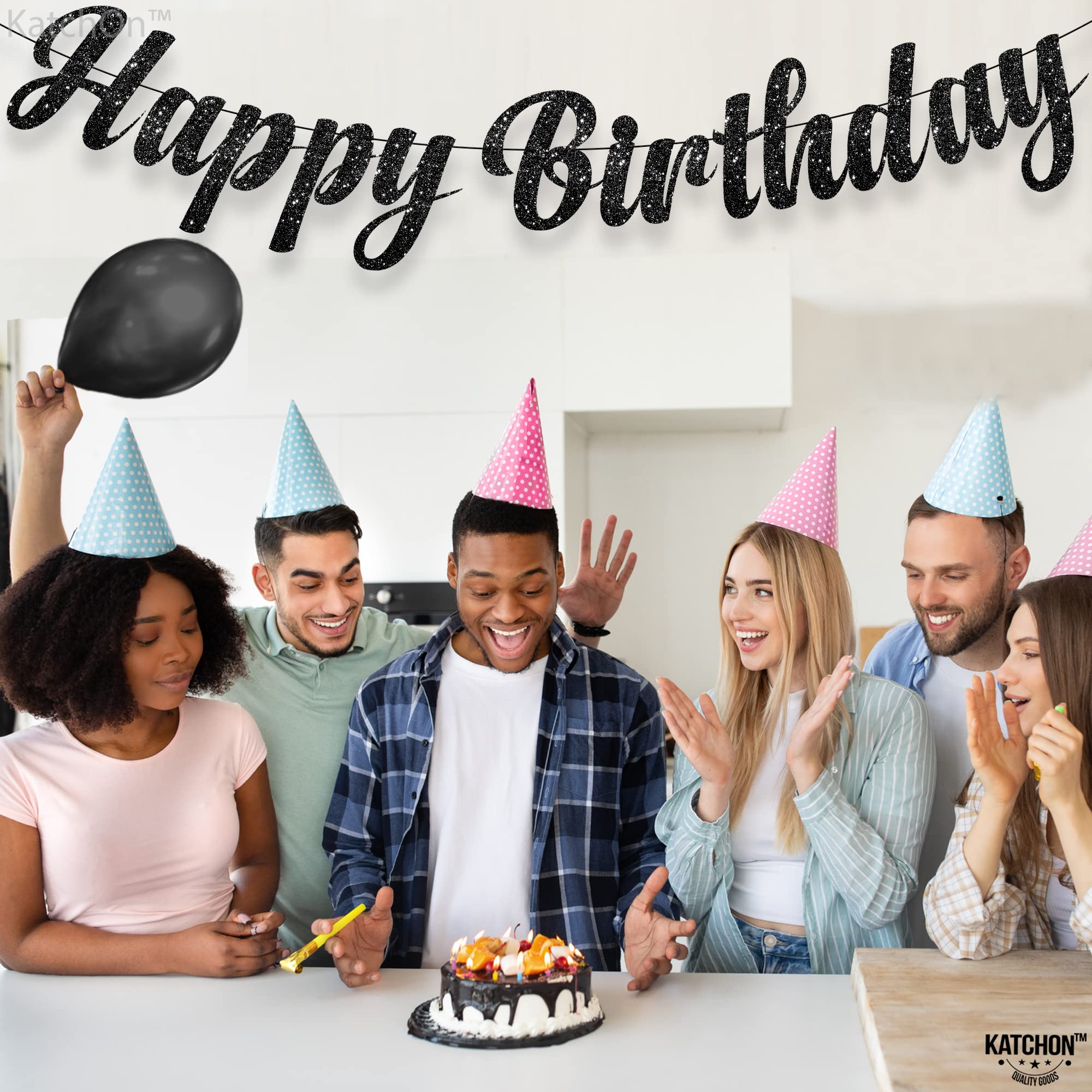 KatchOn Glitter Black Happy Birthday Banner - Pre-Strung 10ft Large Birthday Sign for Men | Gothic Birthday Party Decorations | Perfect for Adult Birthday Parties, Halloween Celebrations & Dark Theme Events