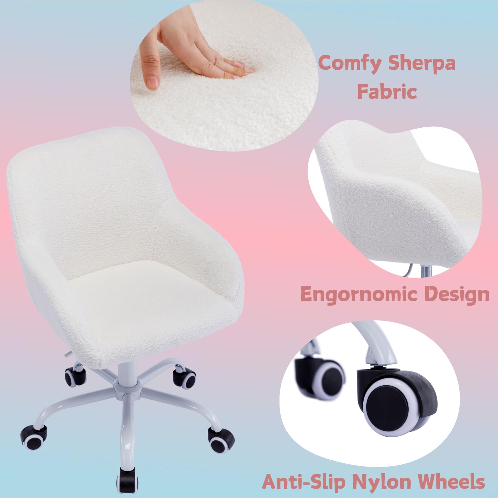LukeAlon Adjustable Kids Desk Chair - Ergonomic Swivel Study Chair with Sherpa Upholstery & Arms for Children, Girls & Boys - Perfect for Reading, Homework & Computer Use - White