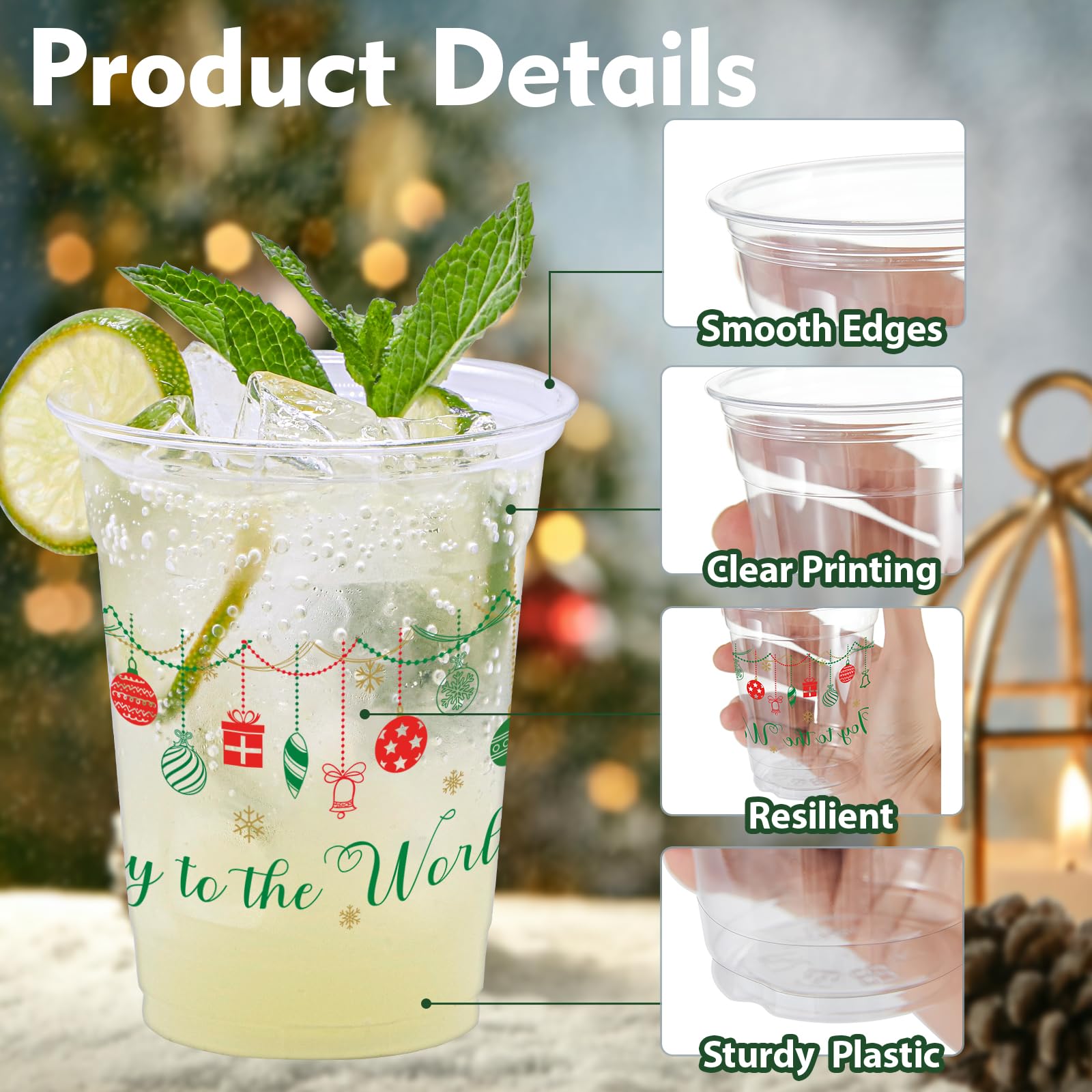 100 Pcs 12oz Christmas Disposable Plastic Cups with Holiday Ball Designs - Bulk Party Cups for Xmas Celebrations, Office Parties & Family Gatherings - Perfect for Hot/Cold Drinks at Holiday Events