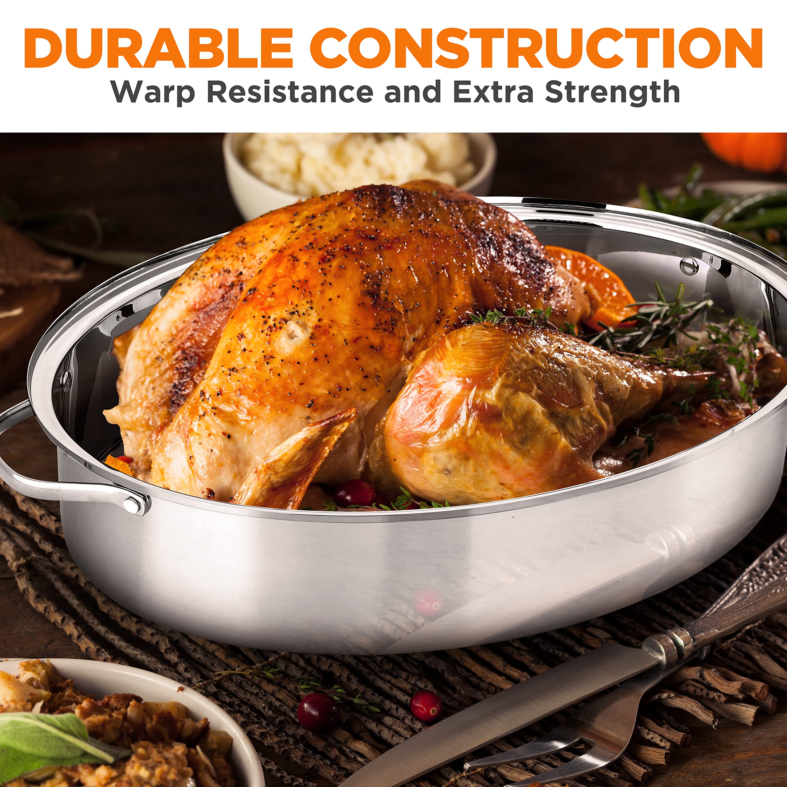 NutriChef 20-Inch Stainless Steel Oval Roasting Pan with Rack & Lid - Heavy Duty Turkey Roaster Pan for Oven, Dishwasher Safe Cookware for Chicken, Beef, Stews - Perfect for Thanksgiving, Holiday Dinners & Family Gatherings