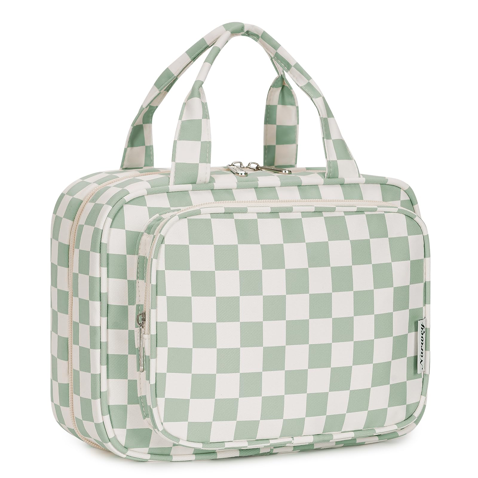 Narwey Hanging Toiletry Bag for Women - Waterproof Travel Makeup Organizer with Multiple Pockets - Perfect for Cosmetics, Toiletries & Travel Essentials (Mint Green Checkerboard, Medium) - Ideal for Vacation, Camping & Business Trips