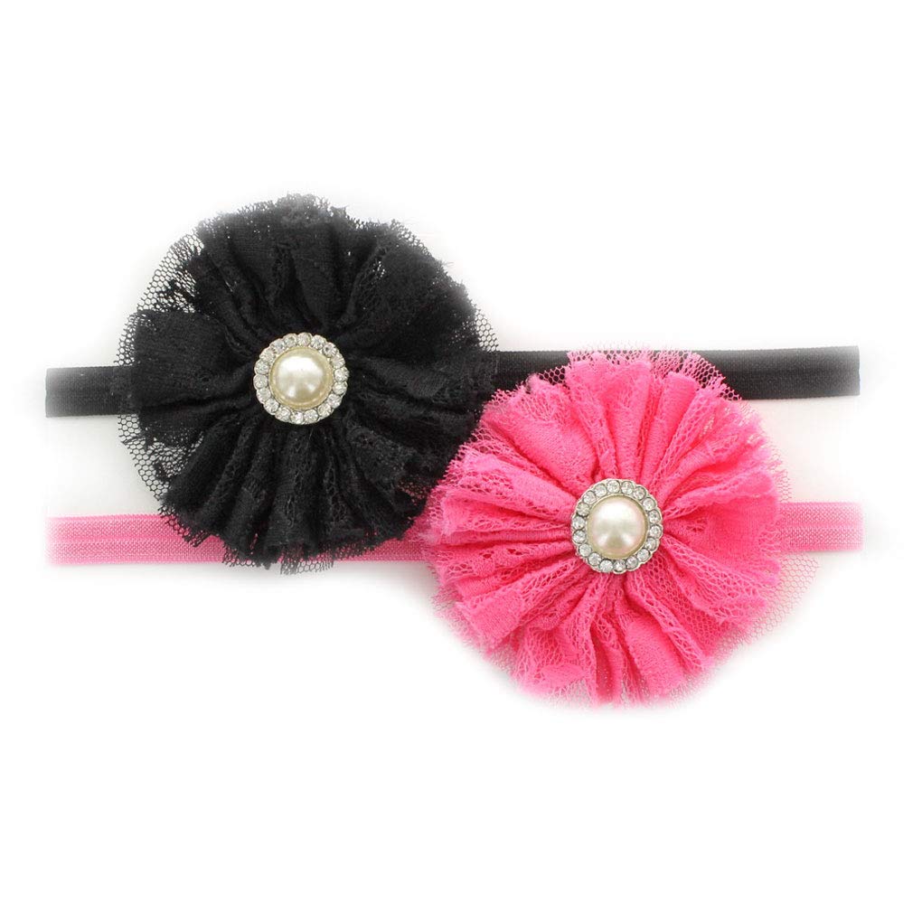 Lello Infant Baby Headbands - Shabby Lace & Tulle Flowers with Rhinestone Pearl Center - Stretchy Elastic Hair Accessories for Newborn, Toddler Girls - Perfect for Birthday, Photo Shoots, Baptism & Special Occasions