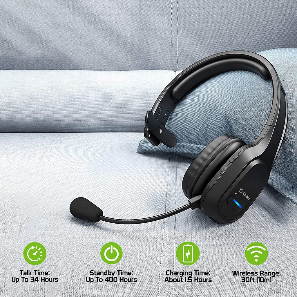Wireless Bluetooth Headset with Boom Mic for Alcatel A30 - Dual V5.0 Bluetooth & 3.5mm Backup Cable - Noise Cancelling for Truck Drivers & Office Calls (Black) | Perfect for Long Haul Driving & Remote Work