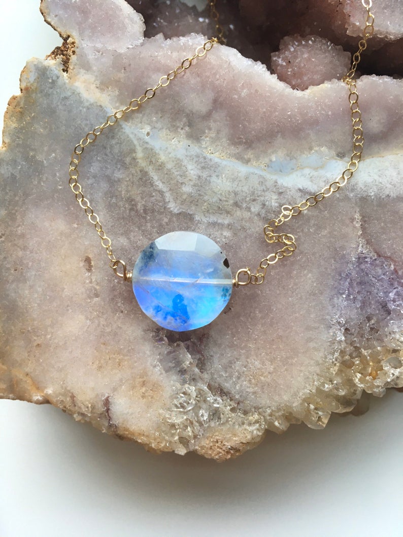 Full Moon Rainbow Moonstone Necklace - Sterling Silver or 14k Gold Filled Chain - Elegant Boho Jewelry for Women, Perfect for Everyday Wear, Meditation & Spiritual Healing