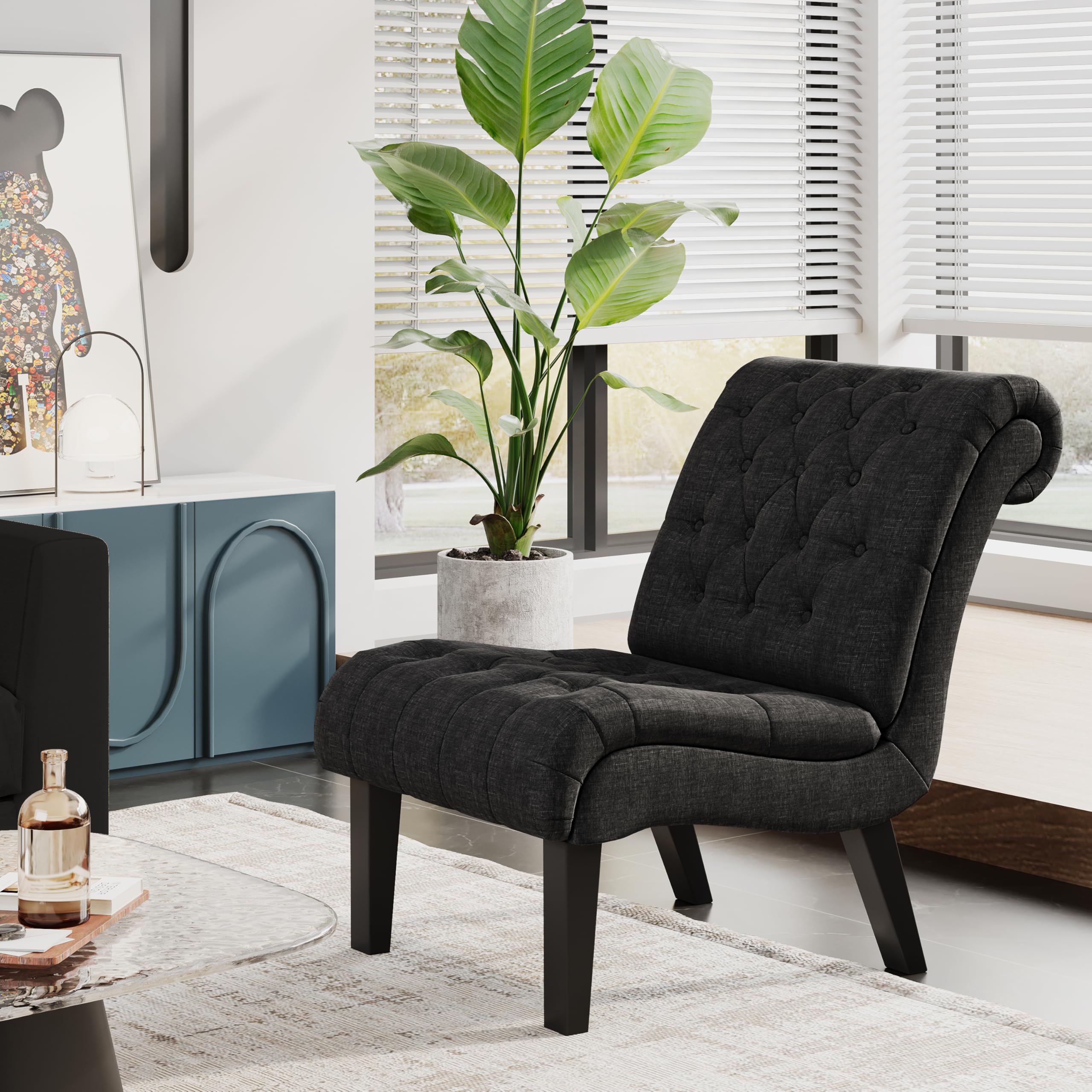 Modern Accent Chair for Living Room & Bedroom - Upholstered Tufted Armless Lounge Chair with Wooden Legs, Grey Fabric Recliner - Perfect for Reading Nook, Home Office, and Small Space Decor