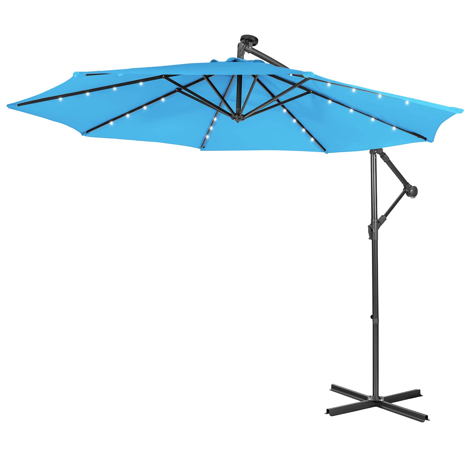 Giantex 10 Ft Solar Powered LED Patio Umbrella with 8 Ribs & Tilting Adjustment - Heavy Duty Cantilever Offset Umbrella for Pool, Garden, and Outdoor Relaxation