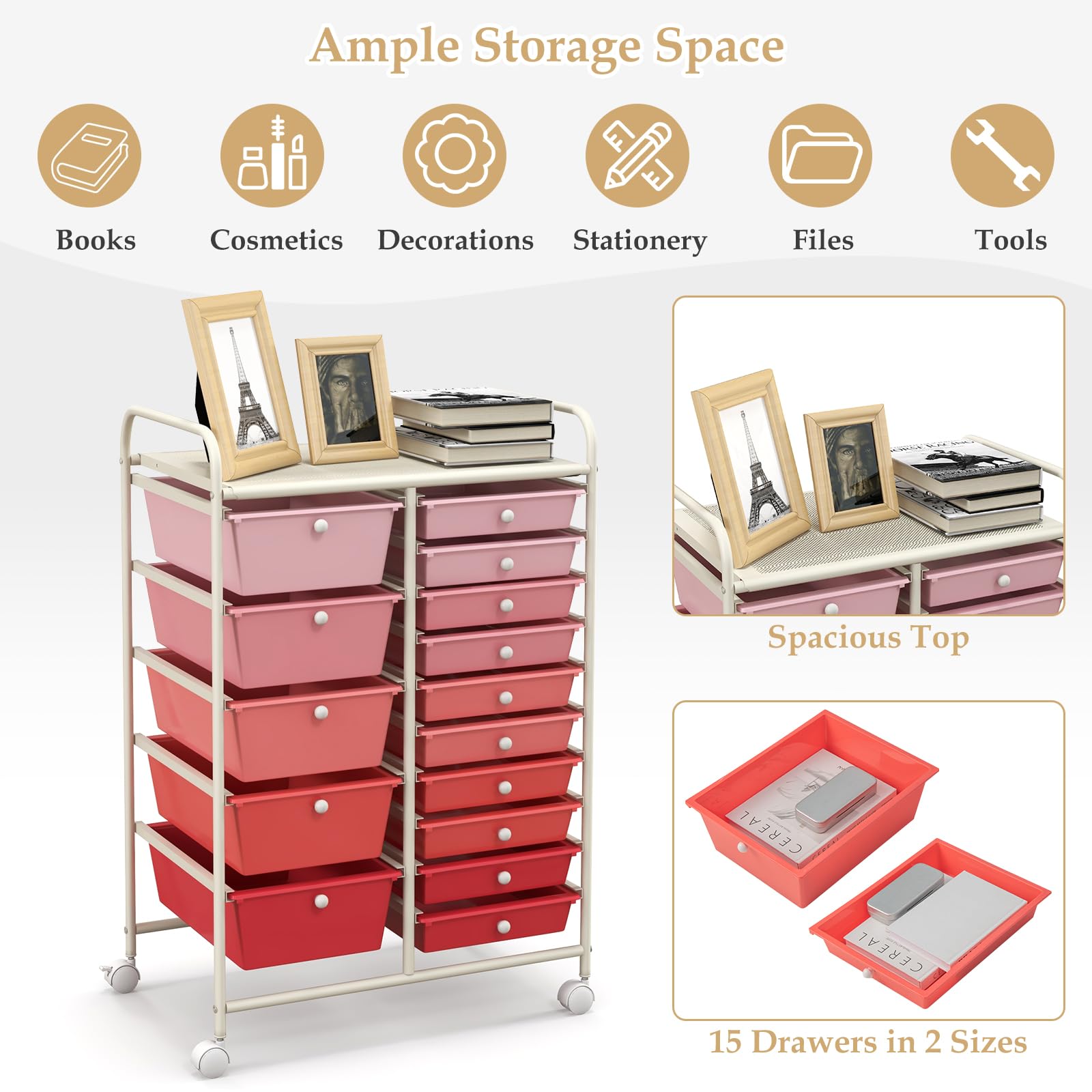 HAPPYGRILL 15-Drawer Rolling Storage Cart Organizer - Mobile Utility Cart with Wheels for Office, School, Home & Workshop - Perfect for Organizing Tools, Paper, Supplies & Stationery