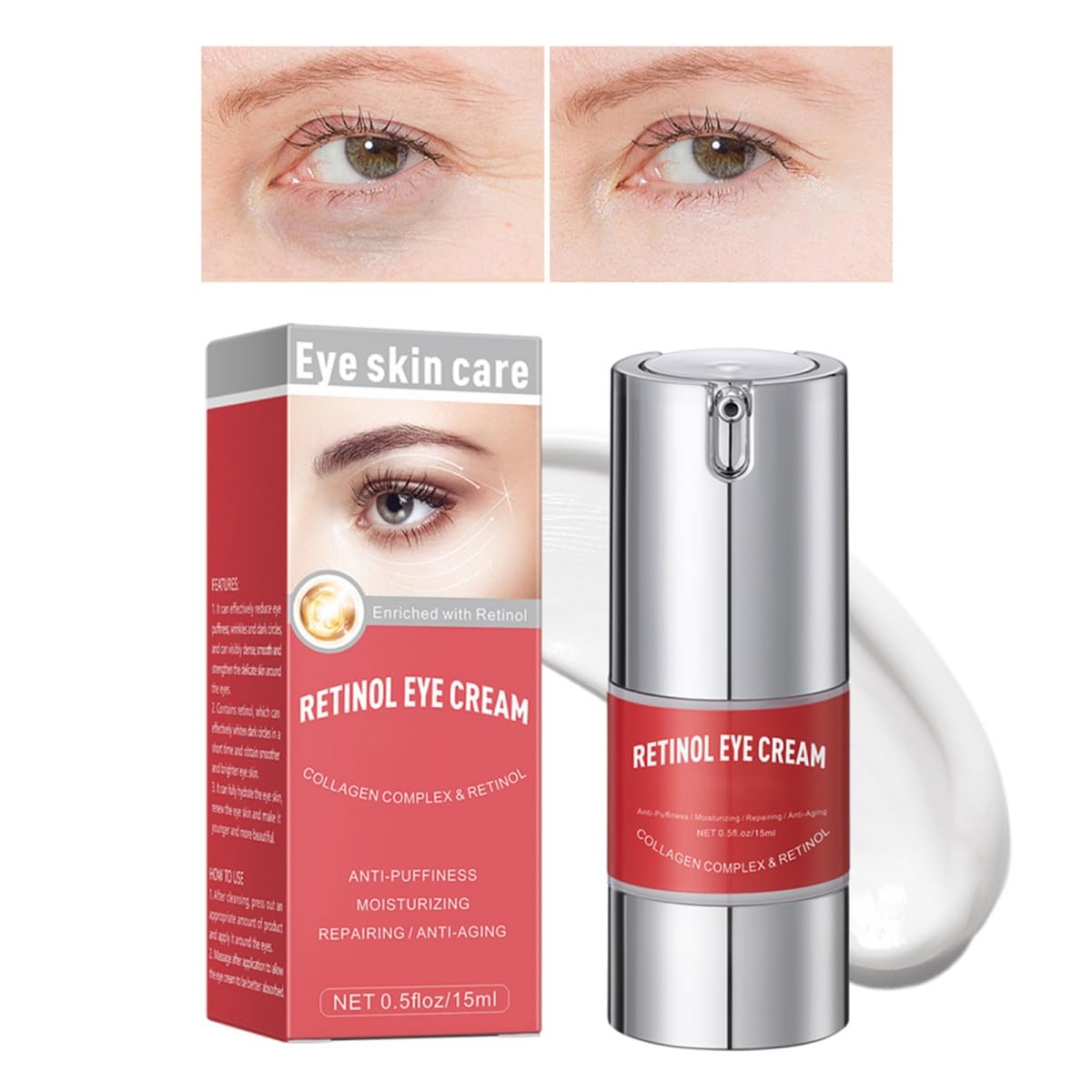 **Retinol Eye Cream for Dark Circles & Puffiness – Anti-Aging Under Eye Treatment with Hyaluronic Acid & Collagen – Reduces Wrinkles & Fine Lines, Smooths & Moisturizes Skin – 15ml – Perfect for Nighttime Skincare Routine & Travel**