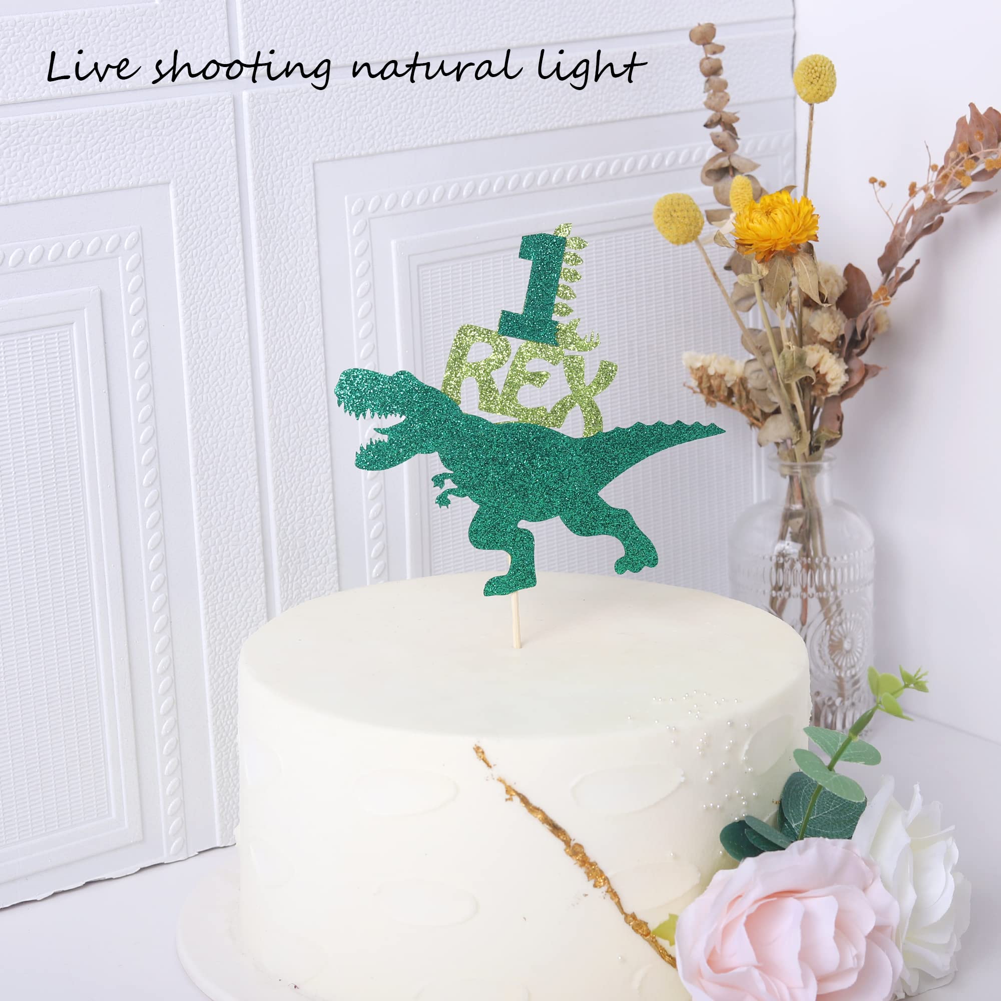 1 Pack Glitter T-Rex Dinosaur Cake Topper - Happy 1st Birthday Party Decorations, Baby Shower Supplies, Dinosaur Theme Cake Decor for Kids Birthday Celebrations & Special Occasions