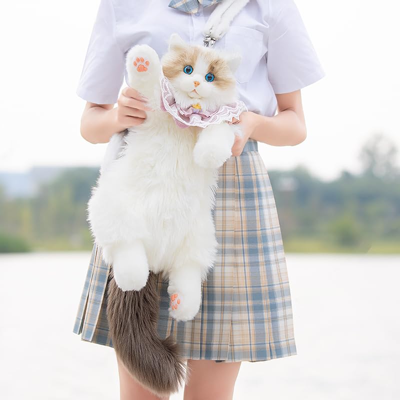 Realistic Cat Plush Backpack - Soft Stuffed Animal Backpack with Adjustable Straps for Kids & Adults - Perfect for School, Travel & Cosplay (White)