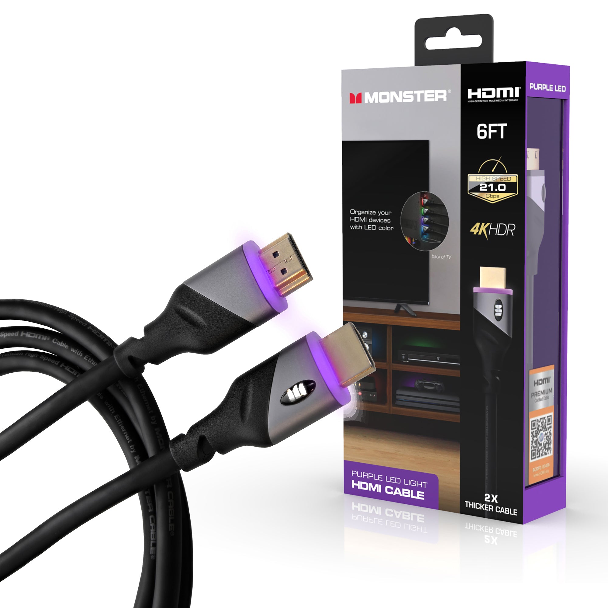Premium Monster 4K Ultra HD LED HDMI Cable 6 Feet - High-Speed 18Gbps for 4K TV, Gaming, Home Theater & PC Setup