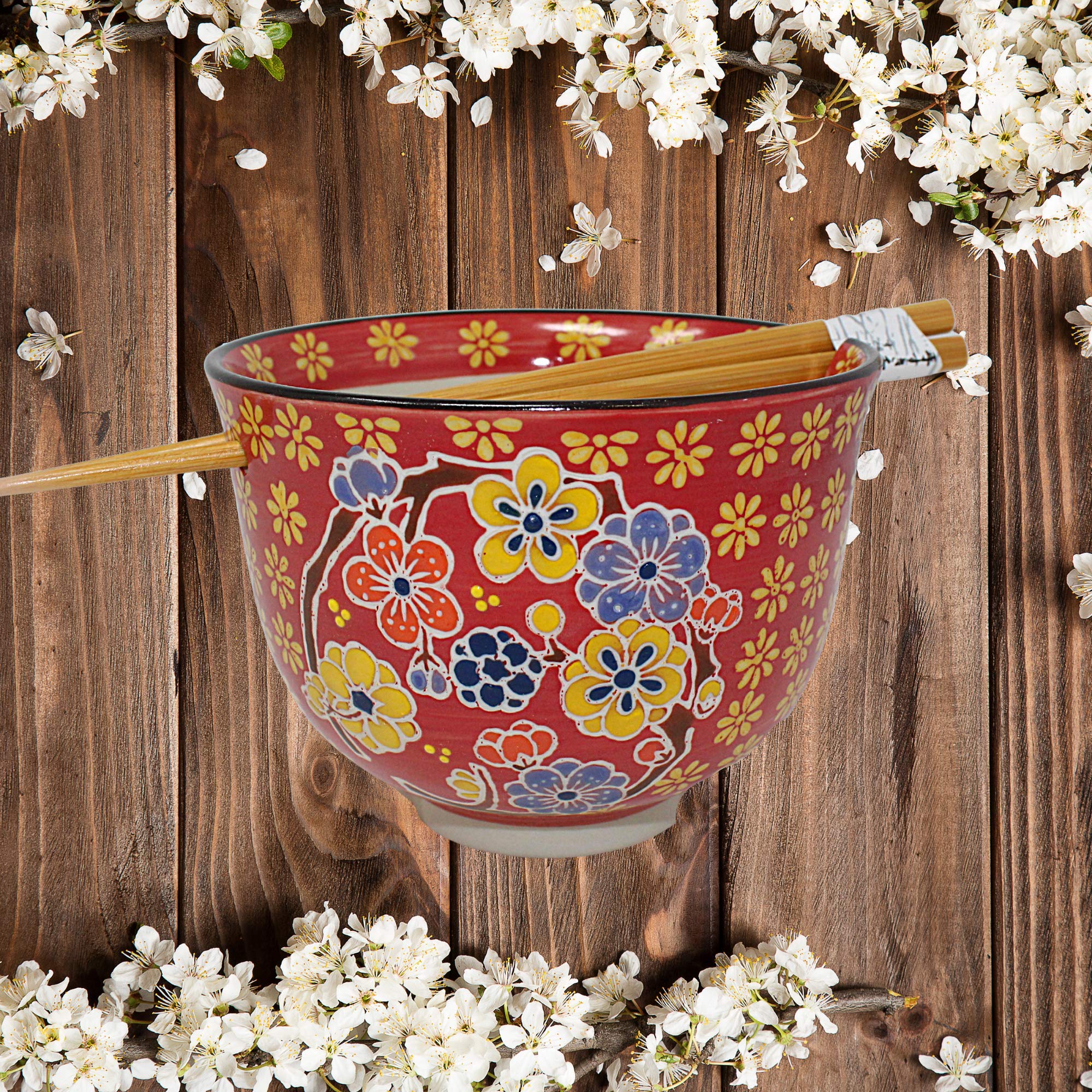 Needzo Red Floral Bowl with Chopsticks Holder & Wooden Chopsticks Set - 5 x 4 Inch Asian Soup Bowl for Ramen, Pho, Noodles | Perfect for Home Dining, Japanese Restaurants & Gift Giving