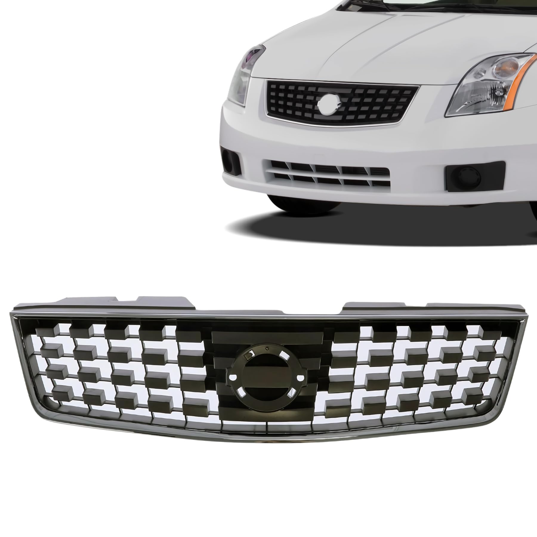 Chrome & Dark Gray Front Grill Grille for 2007-2008 Nissan Sentra Base S SL - Direct Fit Replacement Upper Grille | Car Accessories for Sedan Customization & Auto Body Repair
