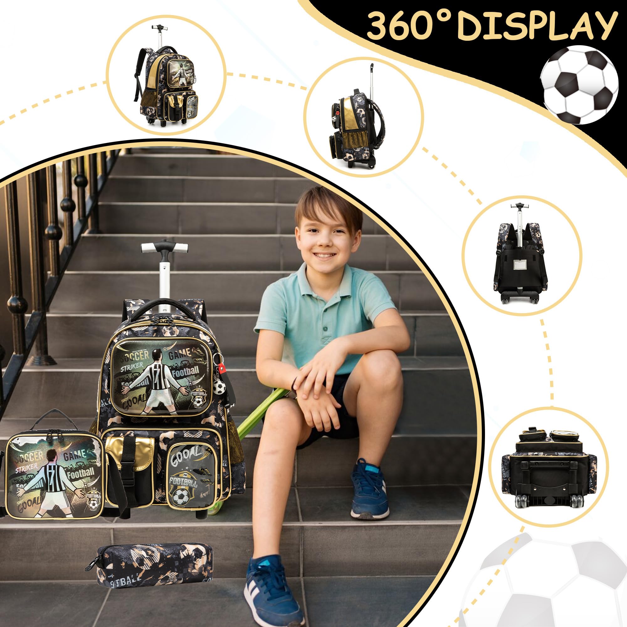 **Meetbelify Kids Rolling Backpack with Wheels - 3-in-1 School & Travel Backpack for Boys Ages 8-10, Includes Lunch Box - Perfect for Elementary Students, Football Games & Family Trips**