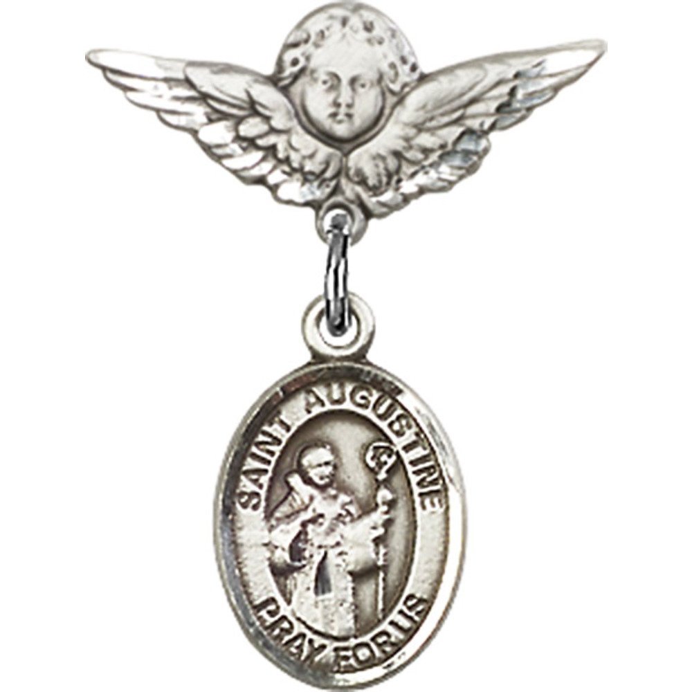 7/8 X 3/4 Inch Sterling Silver Baby Badge with St. Augustine Charm & Angel Wing Pin - Perfect for Christening Gifts, Baby Showers & First Communion Keepsakes
