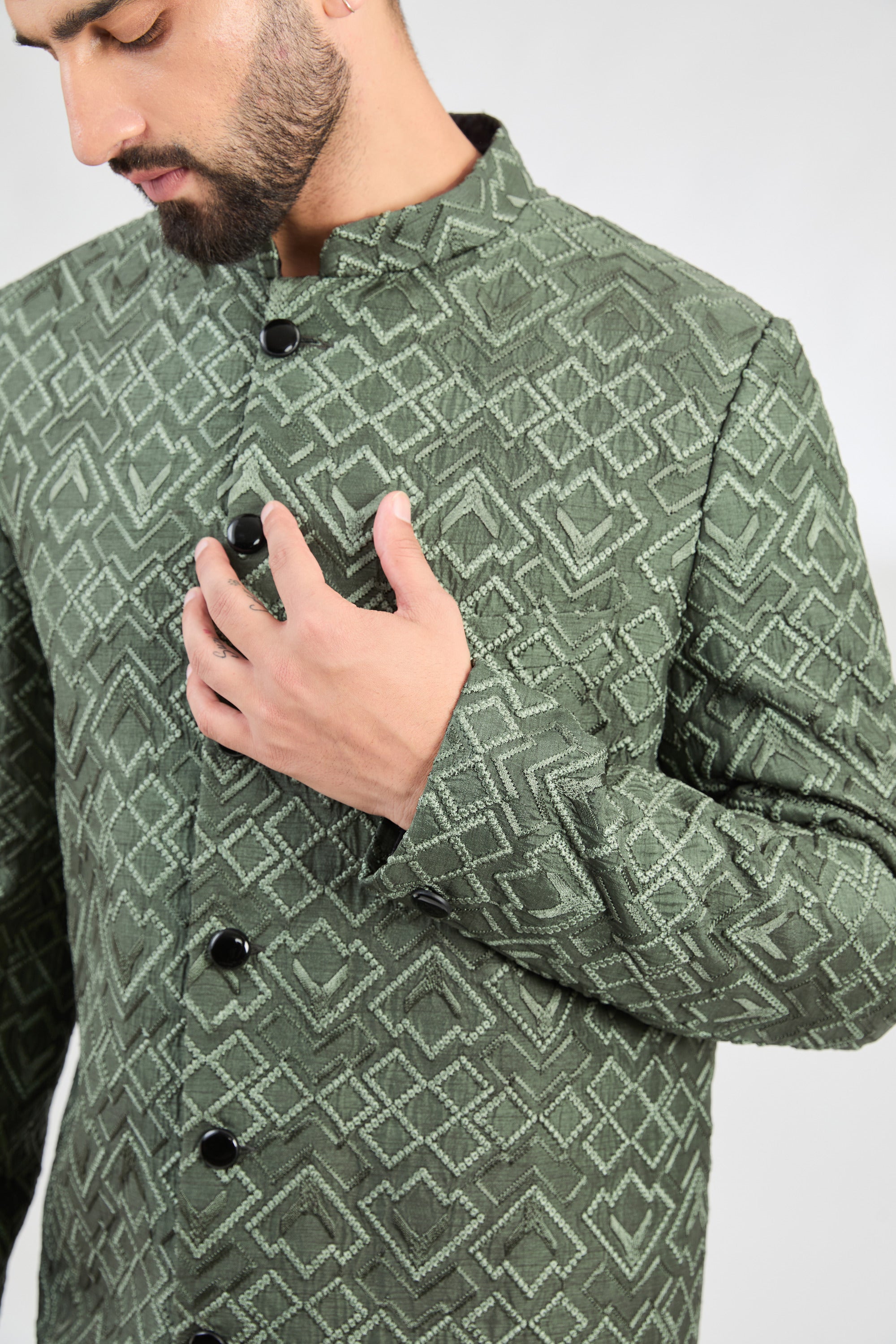 Military Green Geometric Embroidered Sherwani for Men - Traditional Indian Wedding Attire & Festive Occasions