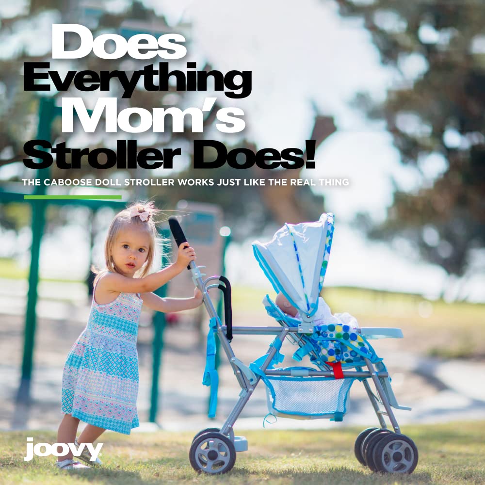 Joovy Toy Caboose Baby Doll Stroller - Reclining Front Seat, Adjustable Footrest, Storage Basket & Extendable Canopy | Holds 3 Dolls | Blue Dot | Perfect for Pretend Play, Daycare & Indoor/Outdoor Playtime