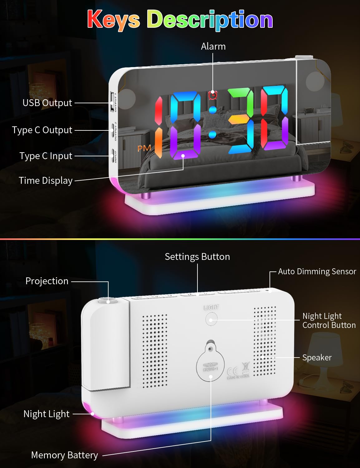 Digital Projection Alarm Clock with 180° Rotatable Projector & RGB Night Light - Auto Dimmer, Snooze, 12/24H Format, Dual USB Charger Ports - Perfect LED Desk Clock for Bedroom, Home Office & Nightstand