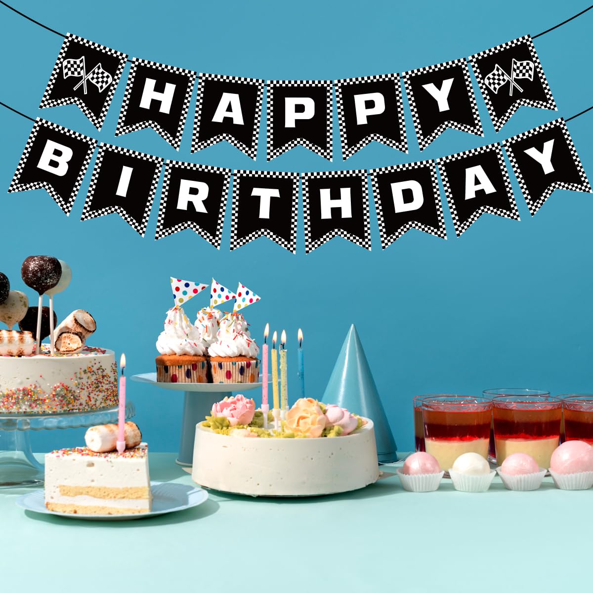MEETINGU Race Car Happy Birthday Banner - Black and White Checkered Flag Racing Party Decorations for Boys, Kids Birthday Party Supplies - Perfect for Race Car Themed Birthday Decor, Cake Table Backdrop & Party Room Decorations
