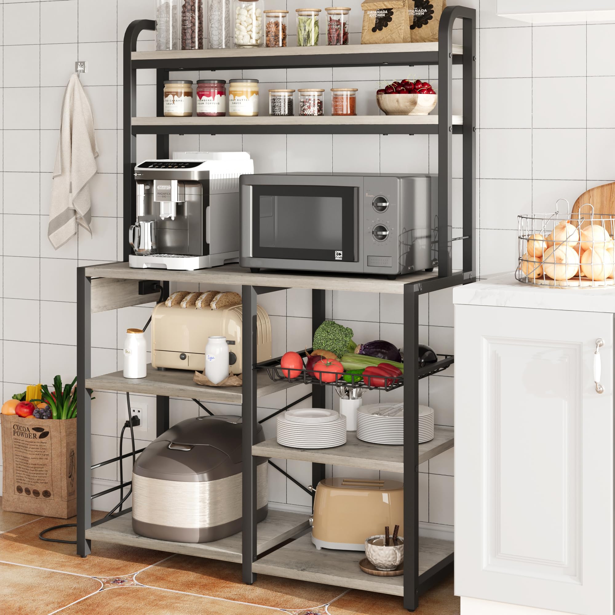 GAOMON 6-Tier Bakers Rack with Power Outlet & Wire Baskets - Freestanding Kitchen Storage Shelf for Microwave, Spices & Cookware - Retro Gray Utility Shelf for Small Spaces & Apartment Living