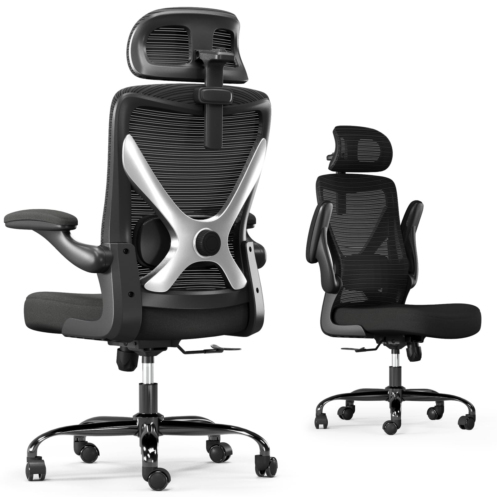 Ergonomic Office Chair with Lumbar Support - X-Shaped Mesh Computer Desk Chair for Gaming & Long Hours Work, Adjustable Headrest, Black Silver - Perfect for Home Office, Gaming Setup & Workspace Comfort