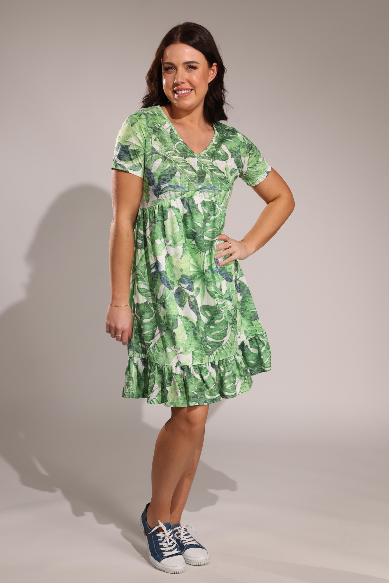 Frill Hem Burnout Dress with Garden Palms Print - Women's Summer Boho Maxi Dress (Style 6057A1) | Perfect for Beach Vacations, Music Festivals & Casual Outings